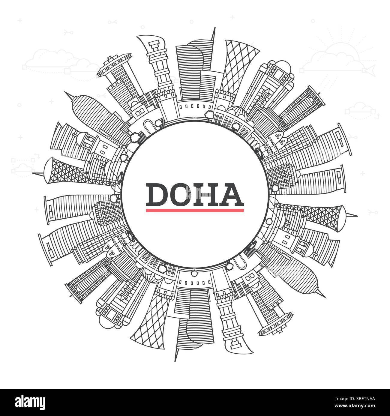 Esquisse Doha Qatar City Skyline avec des bâtiments modernes et un espace de copie isolé sur blanc. Illustration vectorielle. Paysage urbain de Doha avec des points de repère. Illustration de Vecteur