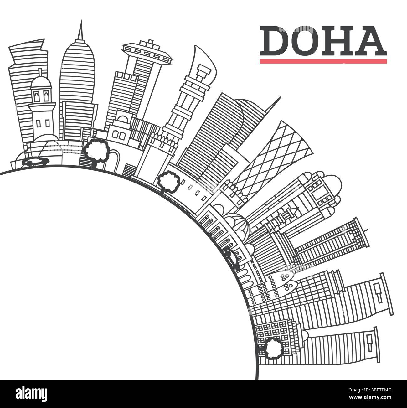 Esquisse Doha Qatar City Skyline avec des bâtiments modernes et un espace de copie isolé sur blanc. Illustration vectorielle. Paysage urbain de Doha avec des points de repère. Illustration de Vecteur