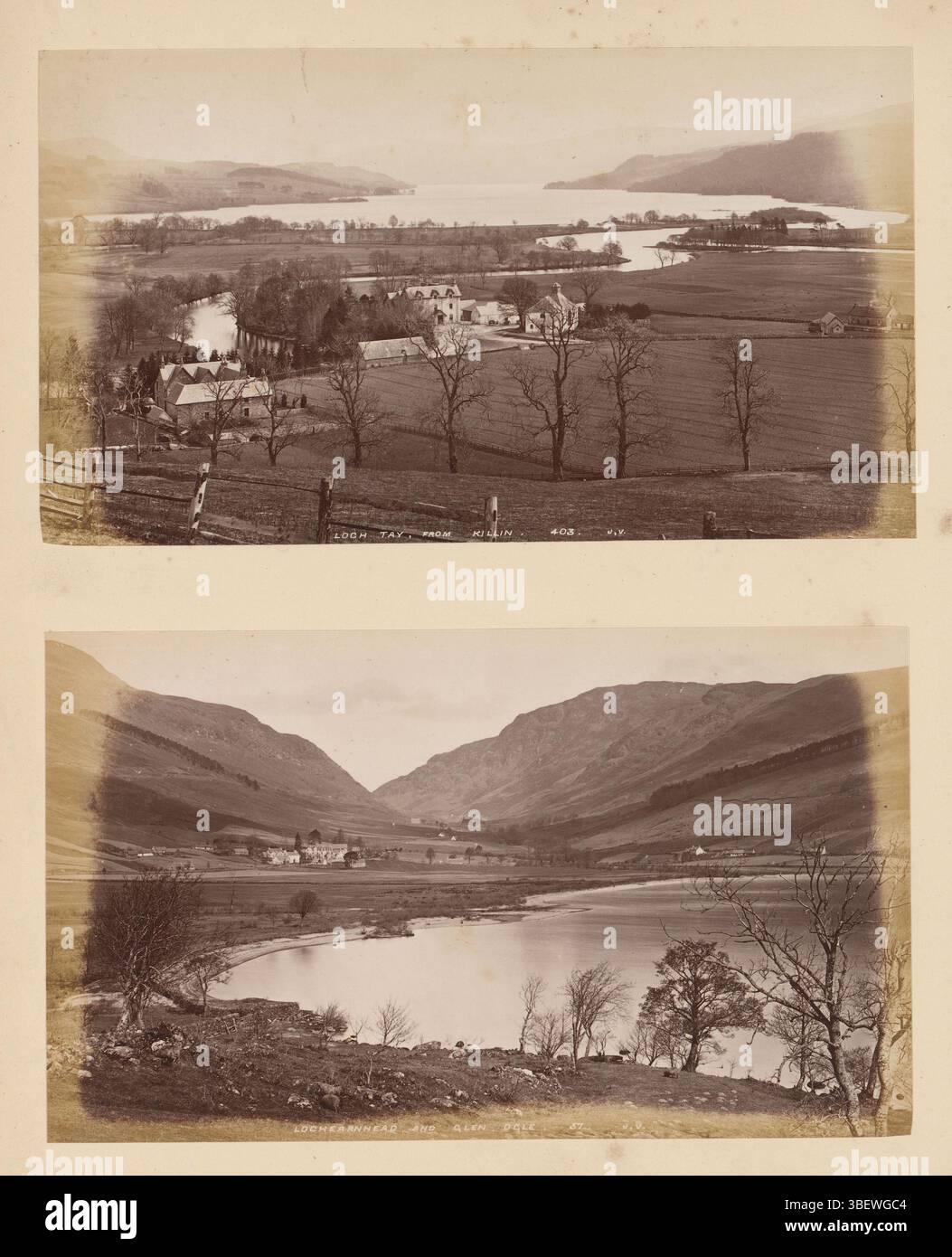 Stirling, Killin, Lochearnhead et Glen Ogle, Loch Tay, fam Killin, vue sur Loch Tay de Killin et vue sur Lochearnhead et Glen Ogle, recto - imprimé, cette feuille fait partie d'un album., photographie, photo, feuille d'album, photos, 403, J.V., 57, hauteur 298 mm, largeur 236 mm, photographe, 1875 - 1885, papier photographique, papier photo, tirage d'album, impression à l'albumine, photographe Banque D'Images