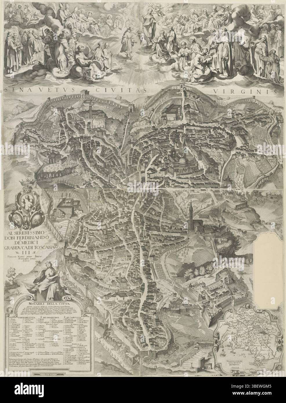 Italie, Italie, Vanni, Francesco, Senavetus civitas virginis, carte de Sienne, verso - estampillé, carte de Sienne. Au-dessus de la ville saints, évêques, cardinaux et Marie sur les nuages., impression, hauteur 1182 mm, largeur 892 mm, conception de l'œuvre, italien, 1563 - 1610-10-26, après conception de, 1597 - 1597, papier, gravure, gravure, gravure (processus d'impression), imprimeur, imprimeur Banque D'Images