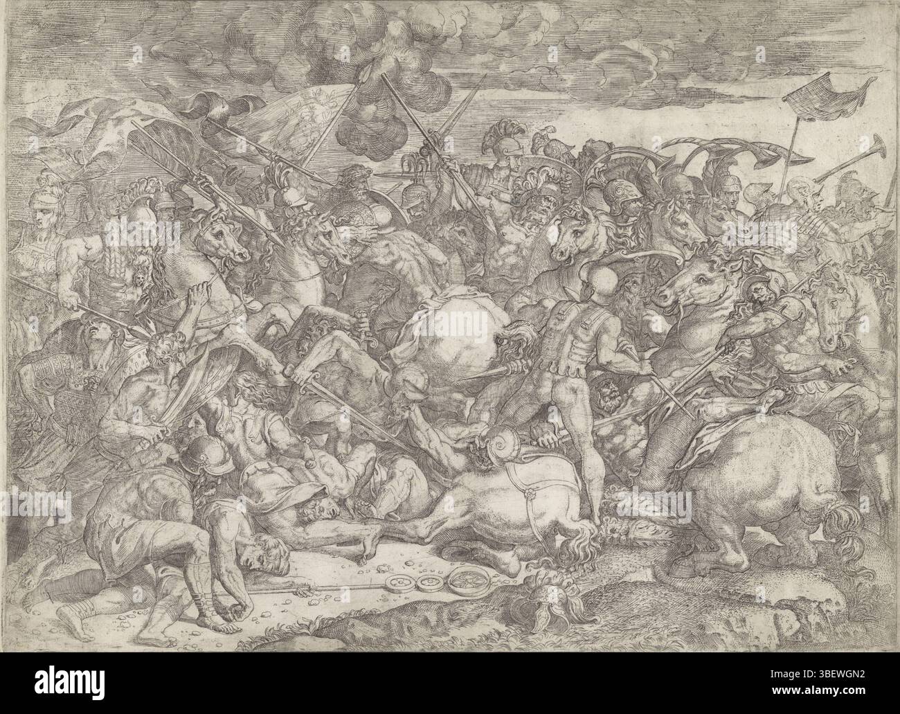 Cité du Vatican, Raphaël, Cité du Vatican, Romano, Giulio, Italie, Angolo del Moro, Battista, Farinati, Orazio, bataille du pont Milvian, verso - estampillé, scène de bataille dans un paysage, peut-être la bataille au pont Milvian. Soldats constantins en bataille avec les soldats de Maxence. Cadavres et chevaux reposent sur le sol., impression, hauteur 411 mm, largeur 554 mm, italien, 1559 - 1616, graveur, 1569 - 1616, papier, gravure, 1514 - 1575, 1499 - 1546-01-11, après peinture, 1483-04-07 - 1520-04-07, concept de travail, 1483-04-07 - 1520-04-07 Banque D'Images