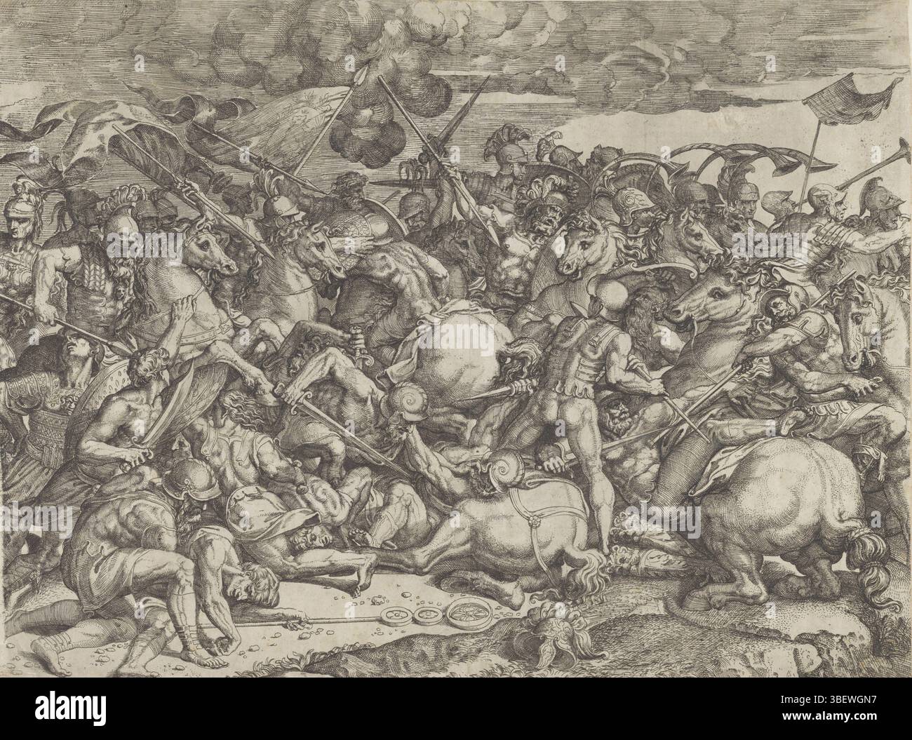 Cité du Vatican, Raphaël, Cité du Vatican, Romano, Giulio, Italie, Angolo del Moro, Battista, Farinati, Orazio, bataille au pont Milvian, verso-estampillé, scène de bataille dans un paysage, peut-être la bataille au pont Milvian. Soldats constantins en bataille avec les soldats de Maxence. Cadavres et chevaux reposent sur le sol., impression, hauteur 401 mm, largeur 531 mm, italien, 1559 - 1616, graveur, 1569 - 1616, papier, gravure, 1514 - 1575, 1499 - 1546-01-11, après peinture, 1483-04-07 - 1520-04-07, concept de travail, 1483-04-07 - 1520-04-07 Banque D'Images
