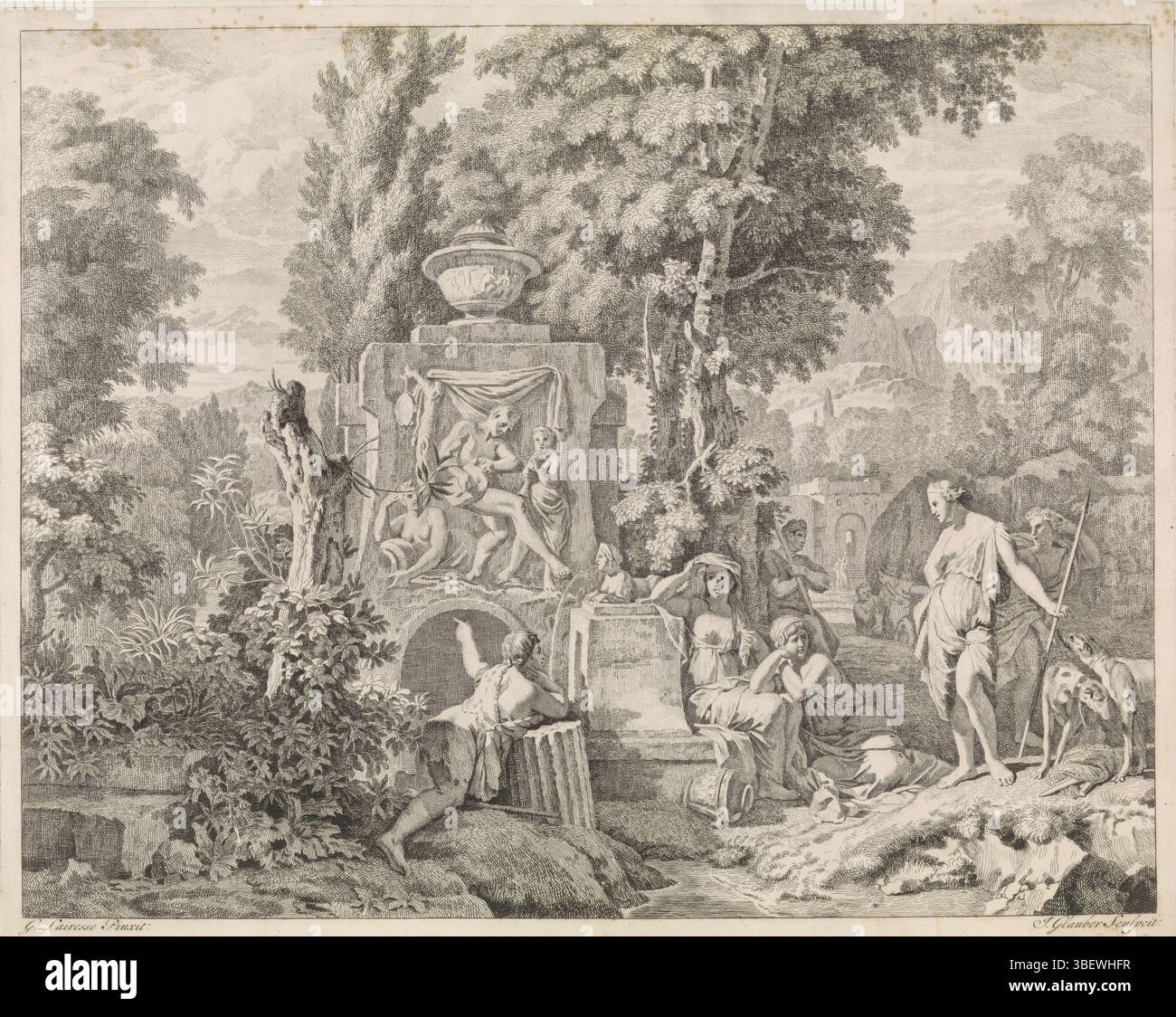 Amsterdam, Schenk, Leonard, Amsterdam, Lairesse, Gerard de, inconnu, Glauber, Johannes, biblique, performances mythologiques et allégoriques, paysage avec une fontaine et Diane et ses nymphes, verso gauche en bas - estampillé, un paysage arcadien avec une fontaine classique-romaine. Diana et ses nymphes autour de la fontaine. L'estampe fait partie d'une série avec des performances bibliques, mythologiques et allégoriques., estampe, hauteur 420 mm, largeur 530 mm, 1646 - 1726, graveur, 1685 - 1689, papier, gravure, Noord-Nederlands, 1641 - 1711, rédacteur intermédiaire, après dessin, publication (événement), publication Banque D'Images