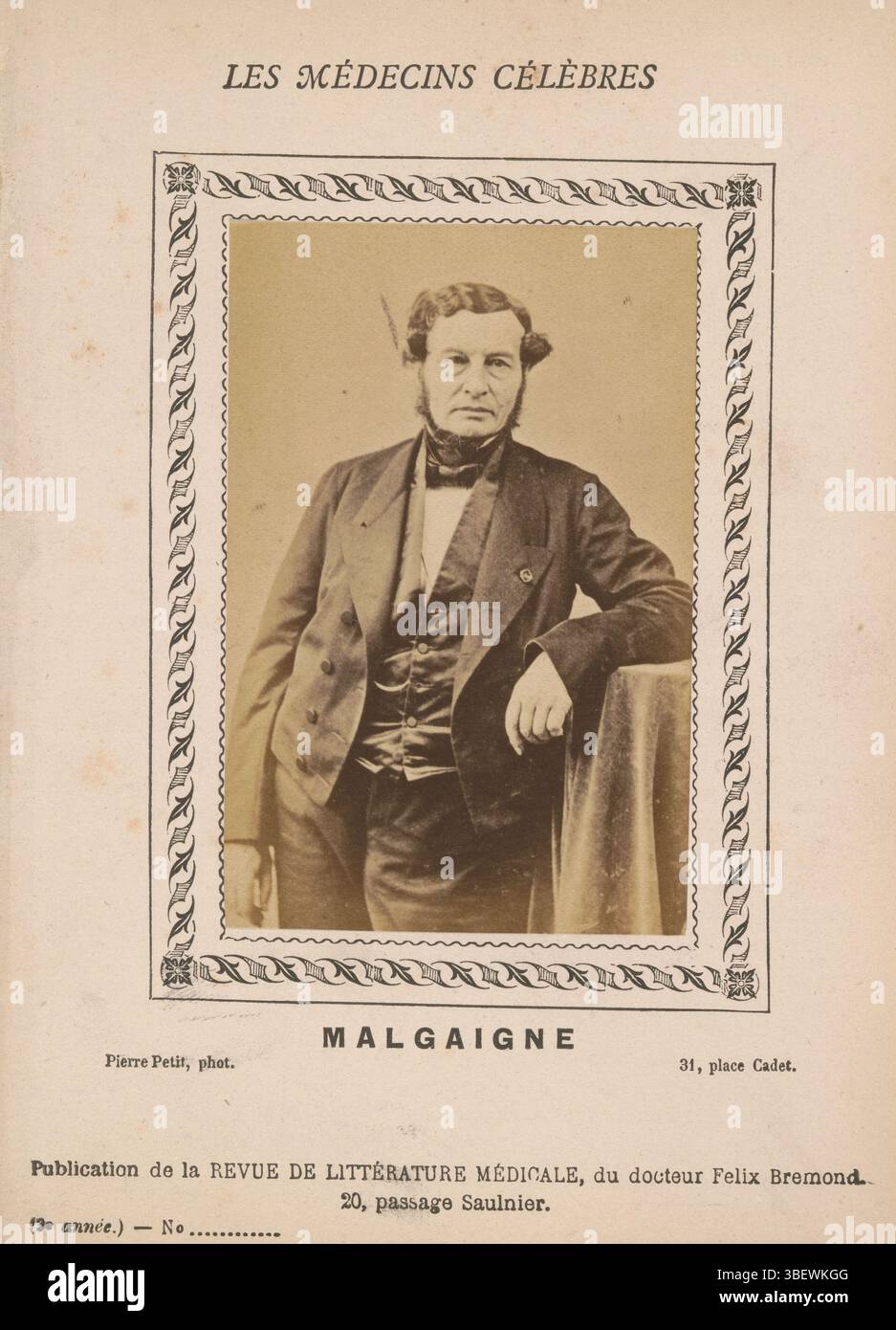 Petit, Pierre, Malagaigne, Portrait de Joseph-François Malgaigne, recto - imprimé, photographie, photo, page, photographies, livres illustrés, (publication de la revue de littérature médicale, du docteur Félix Bremond/ 20, passage Saulnier, Paris./3e année - No.], hauteur 89 mm, largeur 56 mm, français, 1832-08-15 - 1909-02-16, photographe, 1871 - 1879, papier, tirage d'album, impression d'albumine Banque D'Images