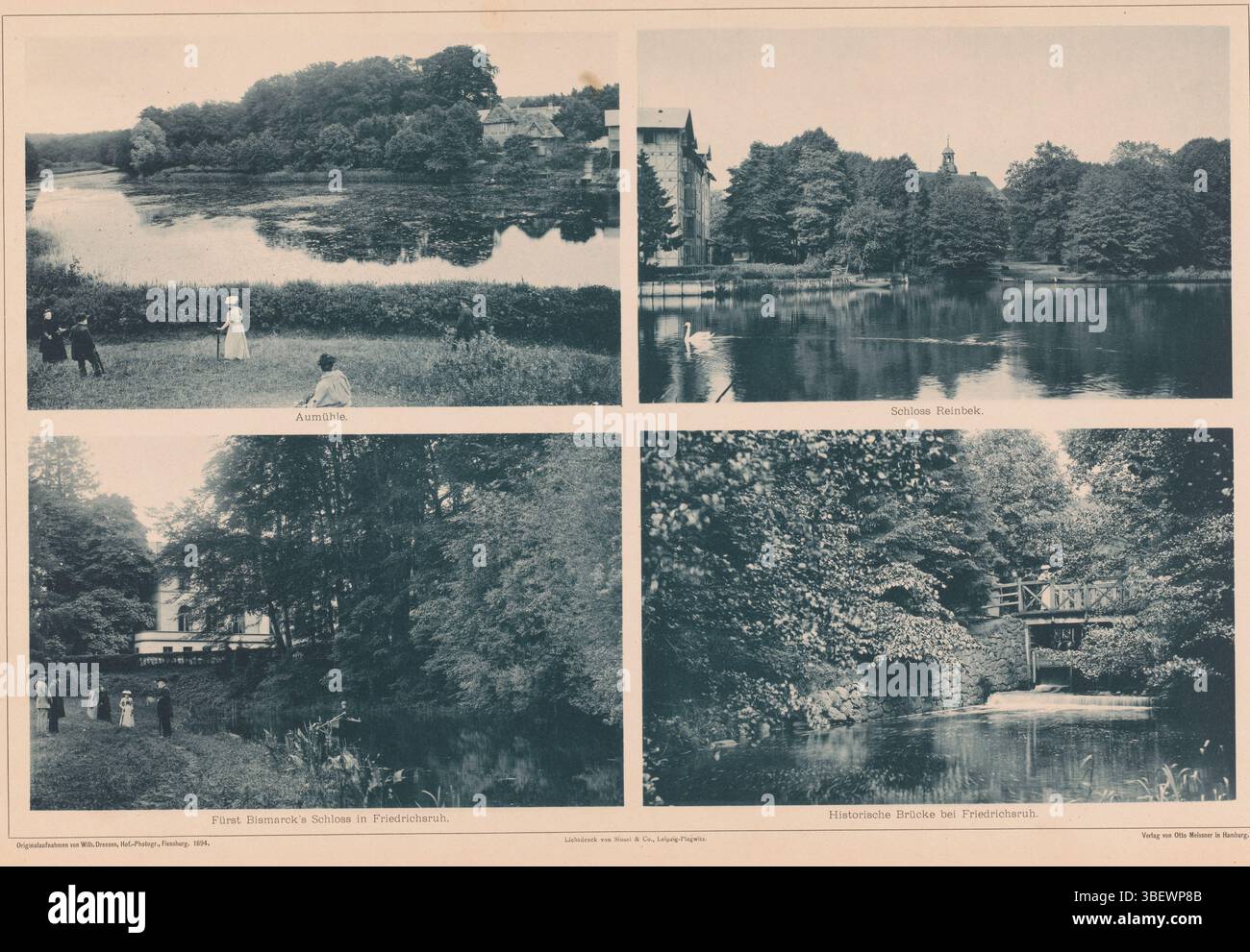 Hambourg, Meissner, Otto, Leipzig, Sinsel & Co. Elbe, Dreesen, Wilhelm, Historische Brücke BEI Friedrichsruh, Fürst Bismarck's Schloss in Friedrichsruh, Schloss Reinbek, Aumühle, quatre images d'un visage sur Aumühle, un visage sur Schloss Reinbek, la maison de Bismarck à Friedrichsruh et un ruisseau à Friedrichsruh, recto - imprimé, ces tirages font partie d'une couverture avec 126 tirages sur 37 feuilles et une feuille de texte., tirage photomécanique, photographies, photographies, XVII, XXVII. Originalaufnahmen von Wilh. Dreesen, Hof.-Photogr., Flensburg. 1894., hauteur 330 mm, largeur 493 mm, 1840-03-31 - 1926-12-18, p Banque D'Images