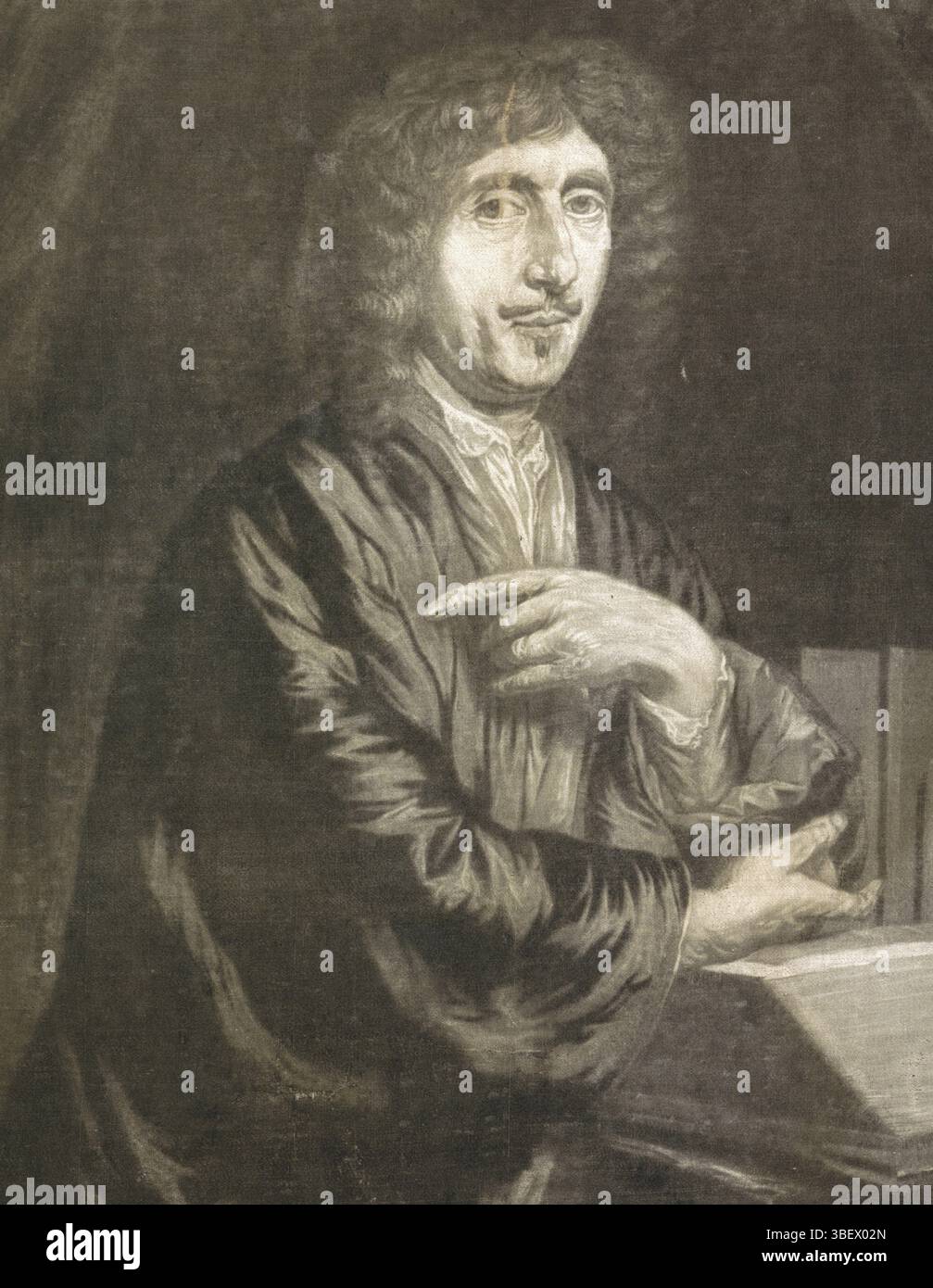 Maes, Nicolaes, Noordelijke Nederlanden, Hellemans, Cornelis A., portrait de Gualterus Boudaen, Nord des pays-Bas, verso - estampillé, le théologien Gualterus Bodaan est assis à un bureau. Il laisse sa main droite reposer sur la Bible., impression, hauteur 490 mm, largeur 400 mm, graveur, 1650 - 1699, soie, mezzotint, nord des pays-Bas, 1634-01 - 1693-11-24 Banque D'Images