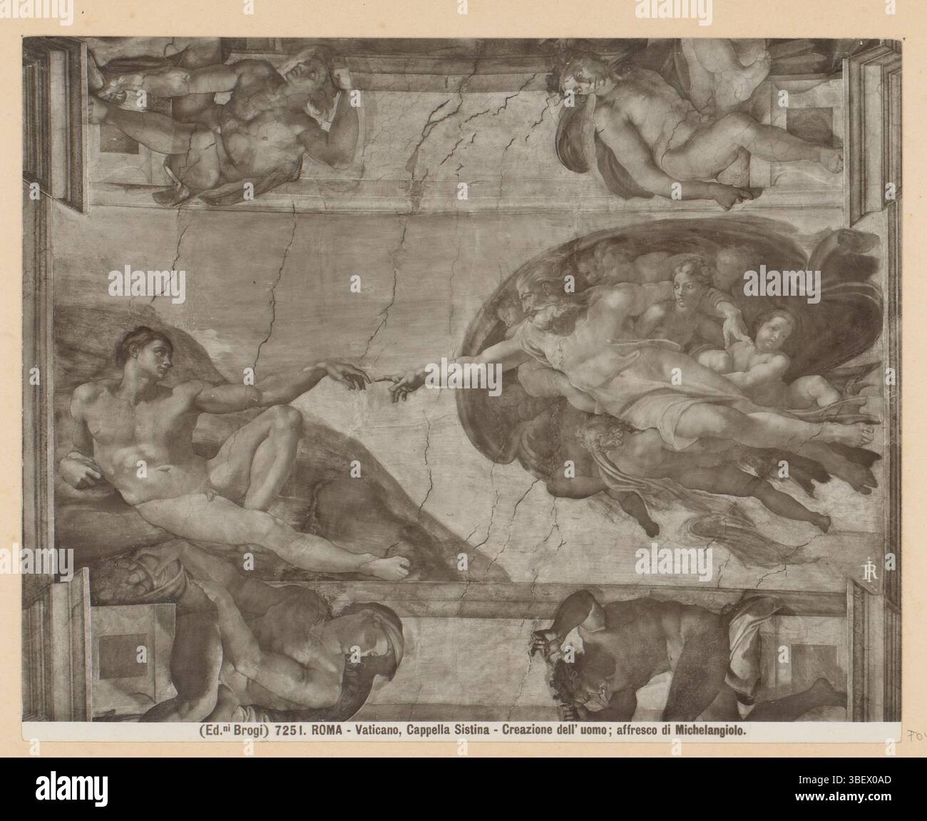 Chapelle Sixtine (Vaticaan), Brogi, ROMA - Vaticano, Cappella Sistina - Creazione dell'uomo ; affresco di Michelangiolo, fresque dans la chapelle Sixtine de la Cité du Vatican, représentant la création d'Adam, recto, partie d'album photo avec des enregistrements de sites et d'œuvres d'art en Italie., photographie, photos, 7251, recto - imprimé, IR, hauteur 200 mm, largeur 248 mm, photographe, 1875 - 1907, papier photographique, papier photo, impression argentée gélatineuse, impression argentée gélatineuse de développement Banque D'Images