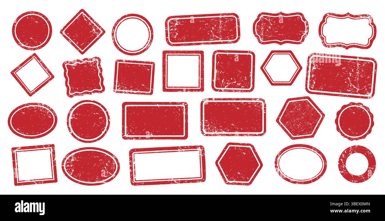 Permet d'emboutis le jeu de formes d'icônes vectorielles des cadres. Tampon encre grunge étiquettes en caoutchouc collection de signes. Isolé sur fond blanc. Bordure noire ronde et carrée Illustration de Vecteur