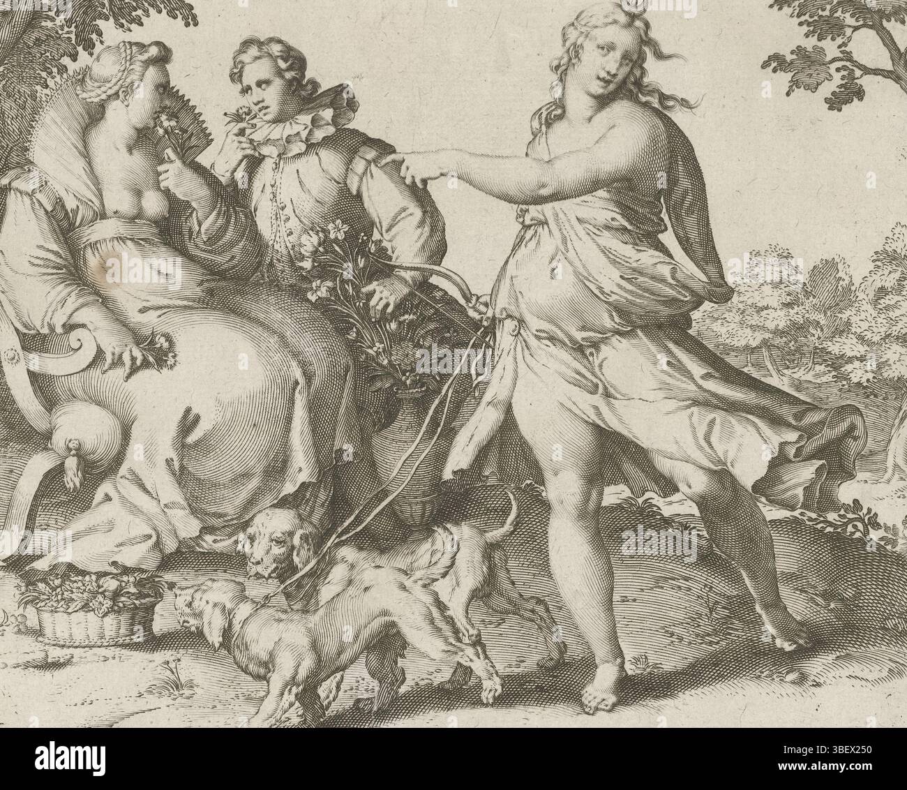 Jode, Gerard de, Kiliaan, Cornelis, Anvers, Jode, Pieter de (I), les cinq sens, Olfactvs, Reuk, verso - estampillé, paysage avec la personnification féminine de la Reuk. Elle est accompagnée d'un jeune homme. Entre la paire se trouve un vase avec des fleurs. La femme sent une fleur. Au premier plan, la déesse Diana avec deux chiens de chasse. Dans la marge, en deux colonnes, une légende en latin. Imprimer à partir d'une série de cinq avec les cinq sens., impression, hauteur 186 mm, largeur 218 mm, Zuid-Nederlands, 1570 - 1634-08-09, graveur, 1590 - 1632, papier, gravure, gravure (procédé d'impression), 1530 - 1607-04- Banque D'Images
