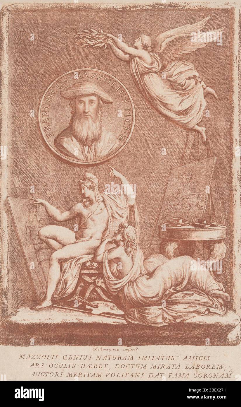 Italie, Rosaspina, Francesco, Italie, Allegorie sur l'artiste Francesco Mazzoli, connu sous le nom de Parmigianino, recto - estampillé, trompe-l'ouil d'un relief sculpté avec une allégorie sur l'artiste Francesco Mazzoli, connu sous le nom de Parmigianino. Portrait de l'artiste acclamé par la renommée volante. Parmi eux le génie de la peinture pour une peinture avec Natura comme une déesse busty et une admiratrice. Frais en latin dans la marge inférieure., impression, verso - estampillé, hauteur 327 mm, largeur 222 mm, italien, 1762-01-02 - 1841-09-02, imprimeur, 1780 - 1841, papier, gravure, aquatinte, impression couleur, conception d'œuvres, 1762-01-02 - 1841 Banque D'Images