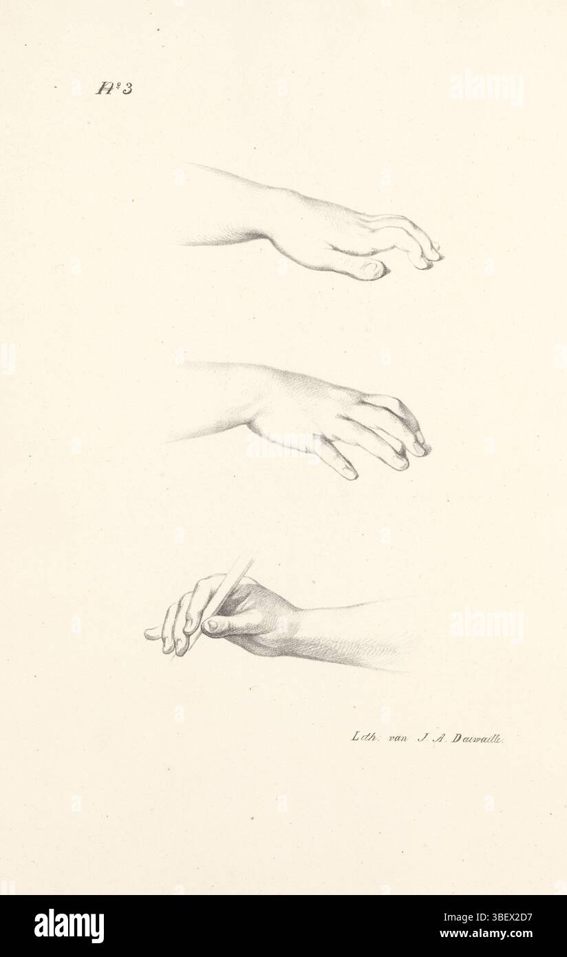 Amsterdam, Daiwaille, Jean Augustin, Amsterdam, Beeld-studien voor Firstbegin, trois mains, verso - estampillé, la main supérieure gauche et droite reposent avec des doigts courbés. La main inférieure tient un bâton ou un stylo. Numéroté en haut à gauche : 'No. 3'. Ce tirage fait partie d'une couverture avec quatorze tirages., tirage, hauteur 340 mm, largeur 237 mm, 1786-08-06 - 1850-04-11, imprimeur, 1796-1850, papier, lithographie (technique), imprimante, 1820-1826 Banque D'Images