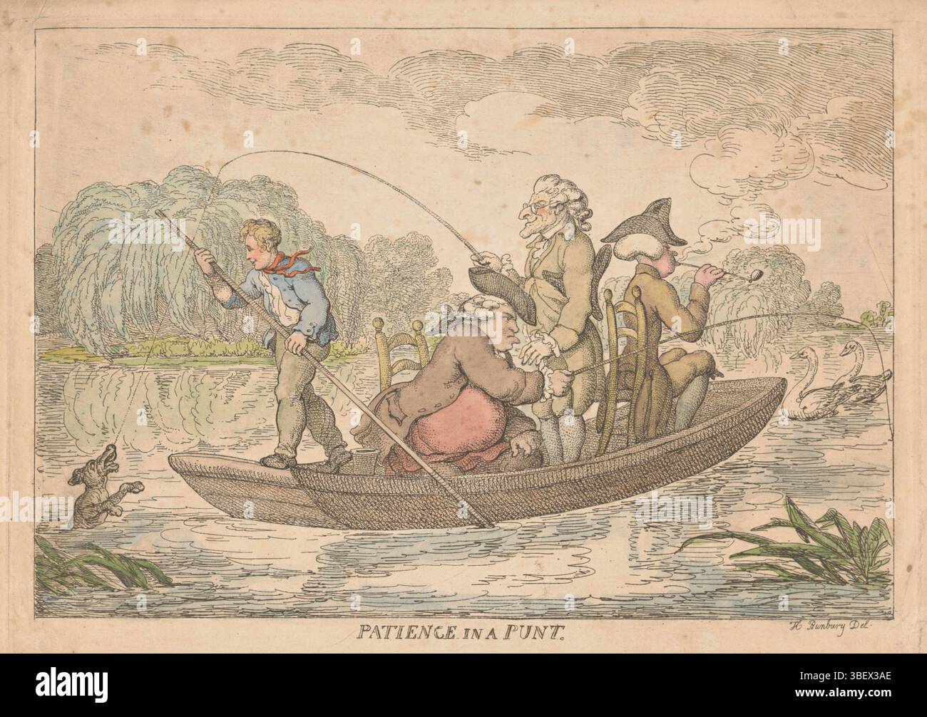Angleterre, Bunbury, Henry William, Angleterre, patience in a point, Fishers in a boat, verso - estampillé, Spotprint avec quatre figures dans un bateau, un jeune homme punts, deux hommes pêchant avec des cannes, un quatrième homme fumant assis sur une chaise une pipe., impression, dessin animé, impressions, dessins animés anglais, hauteur 250 mm, largeur 354 mm, imprimeur, 1775 - 1825, papier, gravure, anglais, 1750 - 1811, rêveur intermédiaire Banque D'Images
