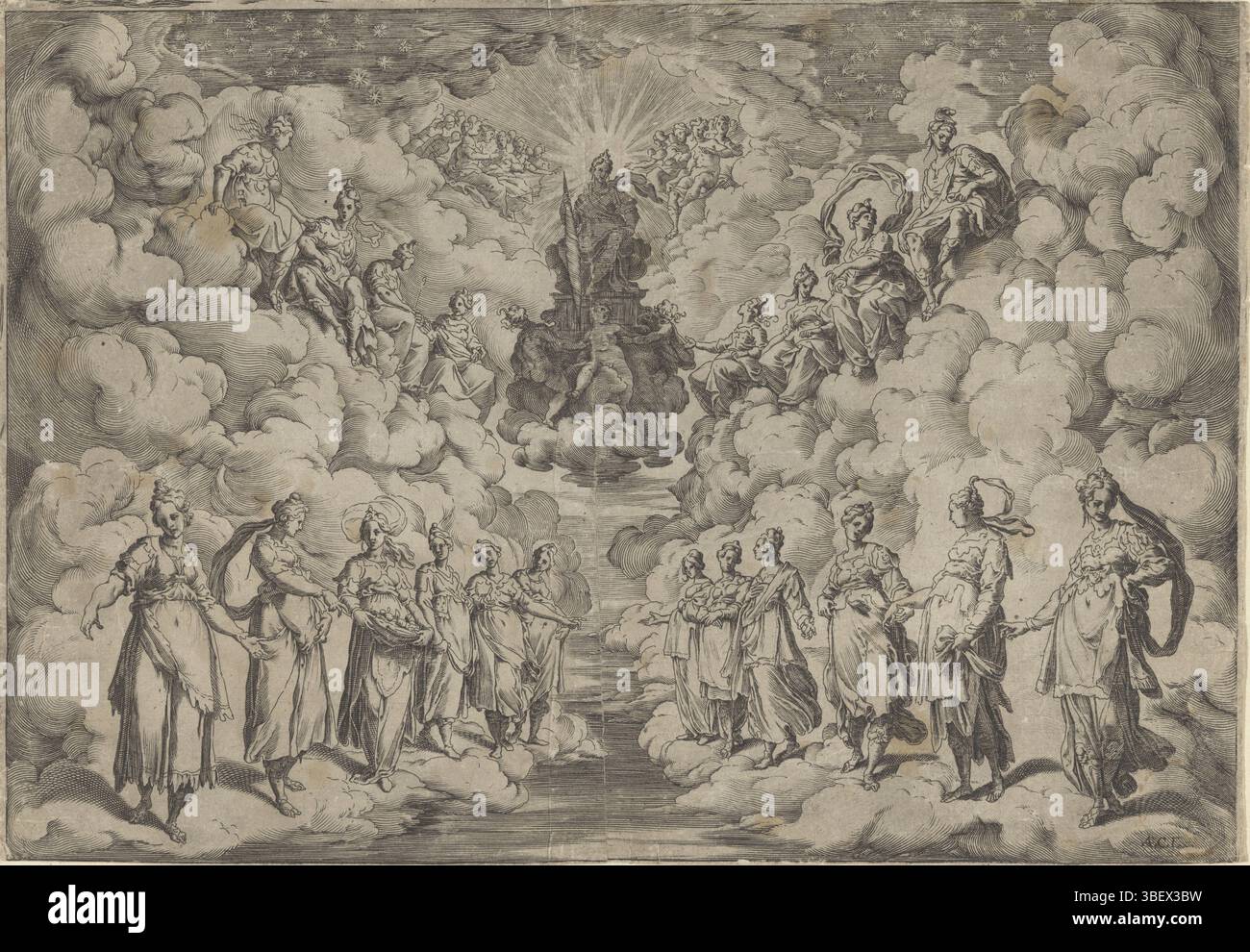 Florence, Buontalenti, Bernardo, Florence, Boscoli, Andrea, Italie, Carracci, Agostino, harmonie des sphères, verso - estampillé, affichage du premier intermezzo lors de l'exécution de la pièce 'la Pellegrina' de Girolamo Bargagli : les sphères sont assis et debout en rangées sur les nuages. Pour les six intermezzi de Giovanni de'Bardi, les machines et les costumes ont été conçus par Bernardo Buontalenti. Cette performance a eu lieu à l'occasion du mariage de Ferdinando I de'Medici et Christina van Lorraine en 1589., tirage, hauteur 242 mm, largeur 348 mm, italien, 1557 - 1602-03-22, imprimeur, 1589 - 1592, papier, fr Banque D'Images