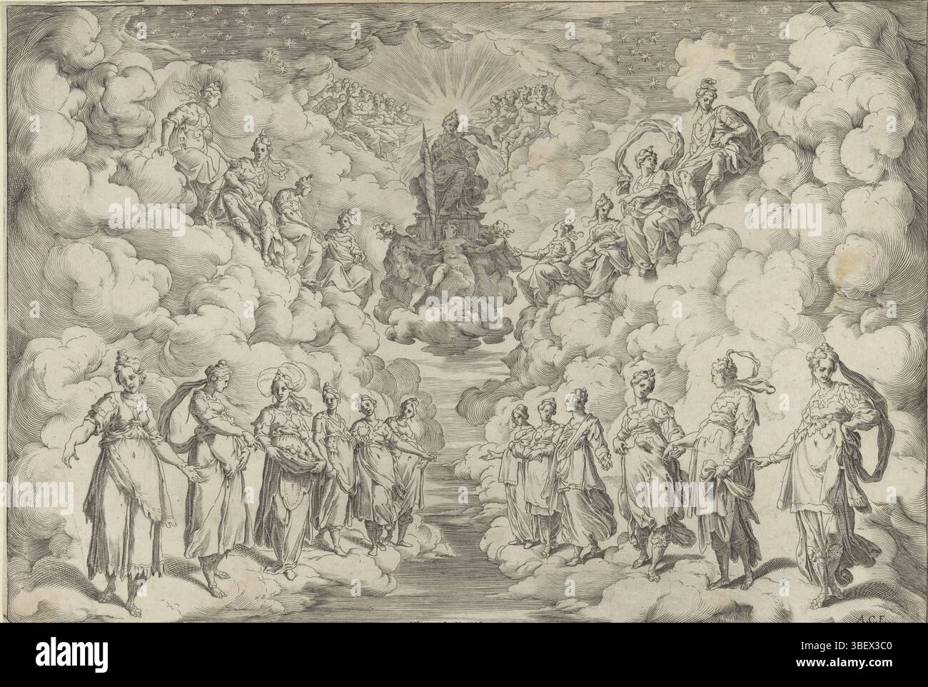 Sienne, Suchielli, Filippo, Florence, Buontalenti, Bernardo, Boscoli, Andrea, Italie, Carracci, Agostino, harmonie des sphères, verso - estampillé, affichage du premier intermezzo lors de l'exécution de la pièce 'la Pellegrina' de Girolamo Bargagli : les sphères sont assis et debout en rangées sur les nuages. Pour les six intermezzi de Giovanni de'Bardi, les machines et les costumes ont été conçus par Bernardo Buontalenti. Cette performance a eu lieu à l'occasion du mariage de Ferdinando I de'Medici et Christina van Lorraine en 1589., tirage, hauteur 243 mm, largeur 343 mm, italien, 1557 - 1602-03-22, imprimeur, 1589 Banque D'Images