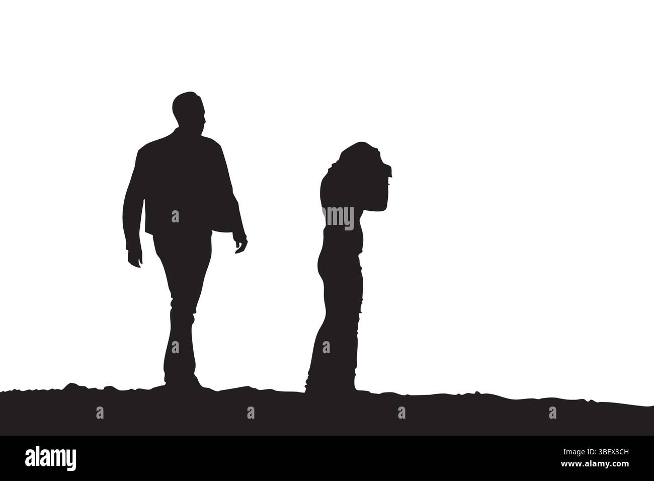 Des silhouettes explorent un paysage, l'une marchant en avant, l'autre absorbée par la photographie. Illustration de Vecteur