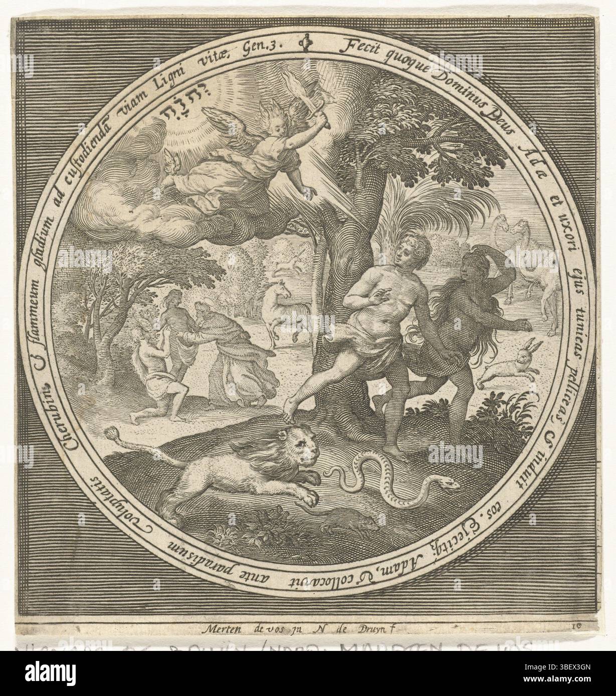 Vos, Maerten de, Nederland, Bruyn, Nicolaes de, de la création à l'expulsion du paradis, expulsion d'Adam et Eve du paradis, pays-Bas, expulsion du Paradis, verso centre - estampillé, Adam et Eve sont chassés du paradis par un ange avec une épée enflammée. En médaillon avec inscription un texte biblique en latin de Genèse 3 dans un cadre rectangulaire., impression, hauteur 129 mm, largeur 122 mm, Sud-néerlandais, 1571 - 1656-10, graveur, 1581 - 1656, papier, gravure, gravure (procédé d'impression), gravure pointillée, concept de travail, 1532 - 1603-12-04 Banque D'Images