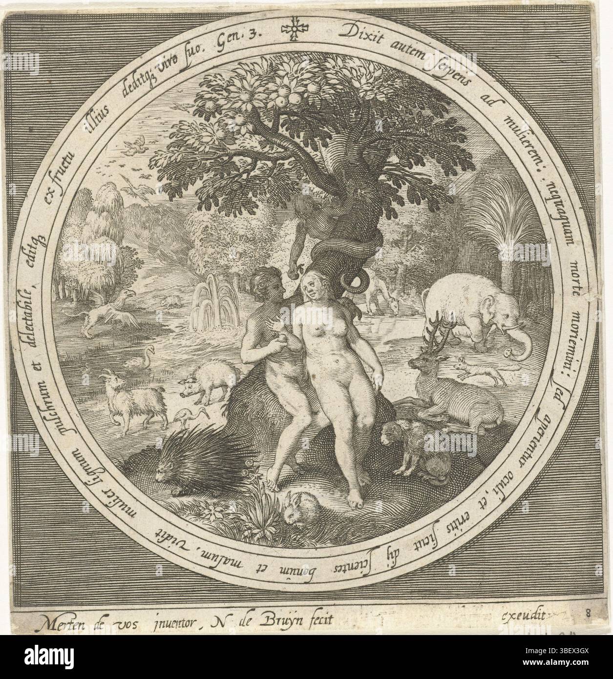 Vos, Maerten de, Nederland, Bruyn, Nicolaes de, de la création à l'expulsion du paradis, Eva est trompée par le serpent à l'arbre de la connaissance du bien et du mal, pays-Bas, verso milieu - estampillé, Eva est trompée par le serpent à l'arbre de la connaissance du bien et du mal. Il mange les pommes interdites et offre Adam, aussi. En médaillon avec l'inscription d'un texte biblique en latin de Genèse 3 dans un cadre rectangulaire., impression, hauteur 134 mm, largeur 127 mm, Sud-néerlandais, 1571 - 1656-10, graveur, 1581 - 1656, papier, gravure, gravure (procédé d'impression), gravure pointillée, concept de travail, 1532 - 1603-12-04 Banque D'Images