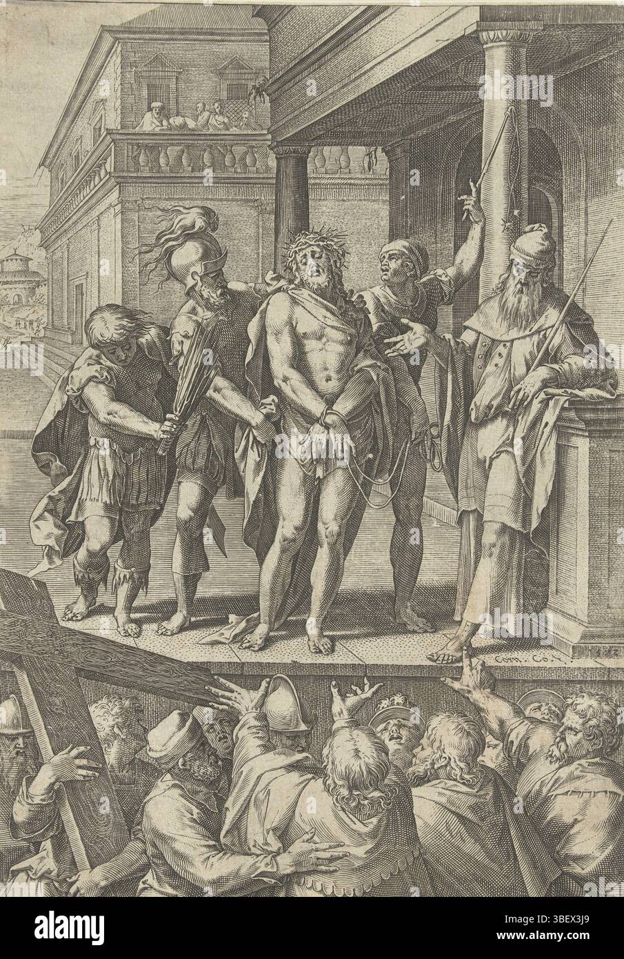 Rome, Lafreri, Antonio, Rome, Orlandi, Giovanni, Dupérac, Etienne, Cort, Cornelis, Christ montré au peuple (Ecce Gay), dessous - gravé, Christ est menotté à un bâtiment antique, avec une couronne d'épines sur la tête, entouré de trois soldats. Pilate, à droite, montre Christ aux gens qui, au premier plan, dans le dos, crient pour qu'il soit crucifié. Un des hommes tient une croix., impression, verso - estampillé, maïs. FR, hauteur 305 mm, largeur 215 mm, Noord-Nederlands, 1533 - 1578, graveur, 1602 - 1602, troisième quart du xvie siècle, premier quart du xviie siècle, papier, gravi Banque D'Images