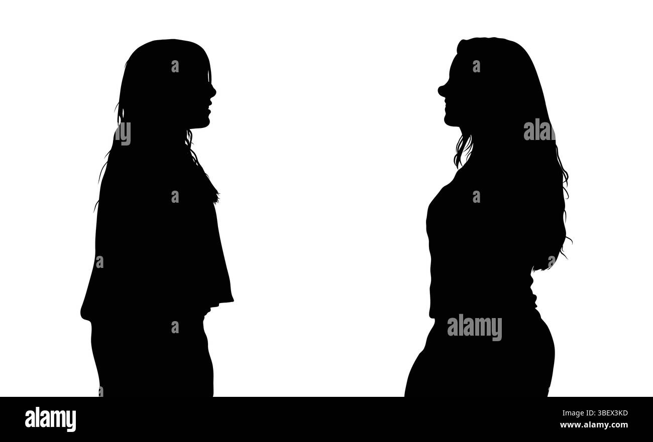 Silhouette de deux femmes debout face à face isolée sur Blanc Illustration de Vecteur