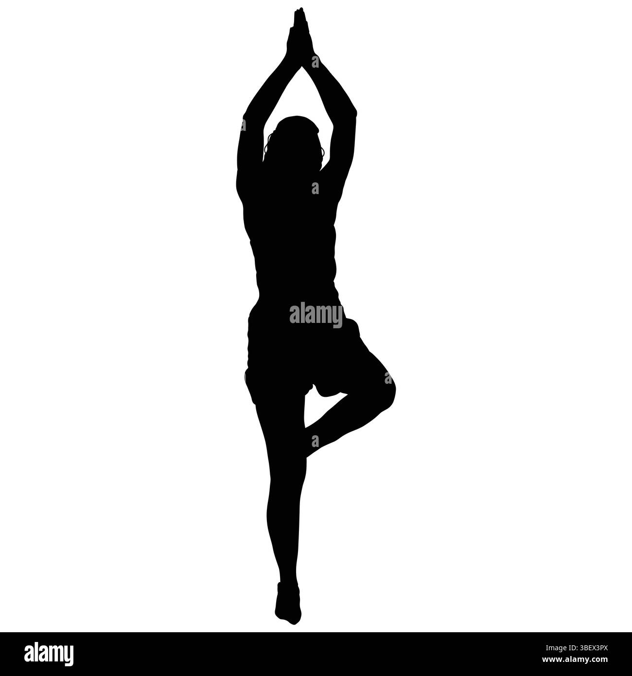 Silhouette d'une femme en posture d'arbre, mains levées, jambe pliée. Équilibre et force illustrés. Illustration de Vecteur