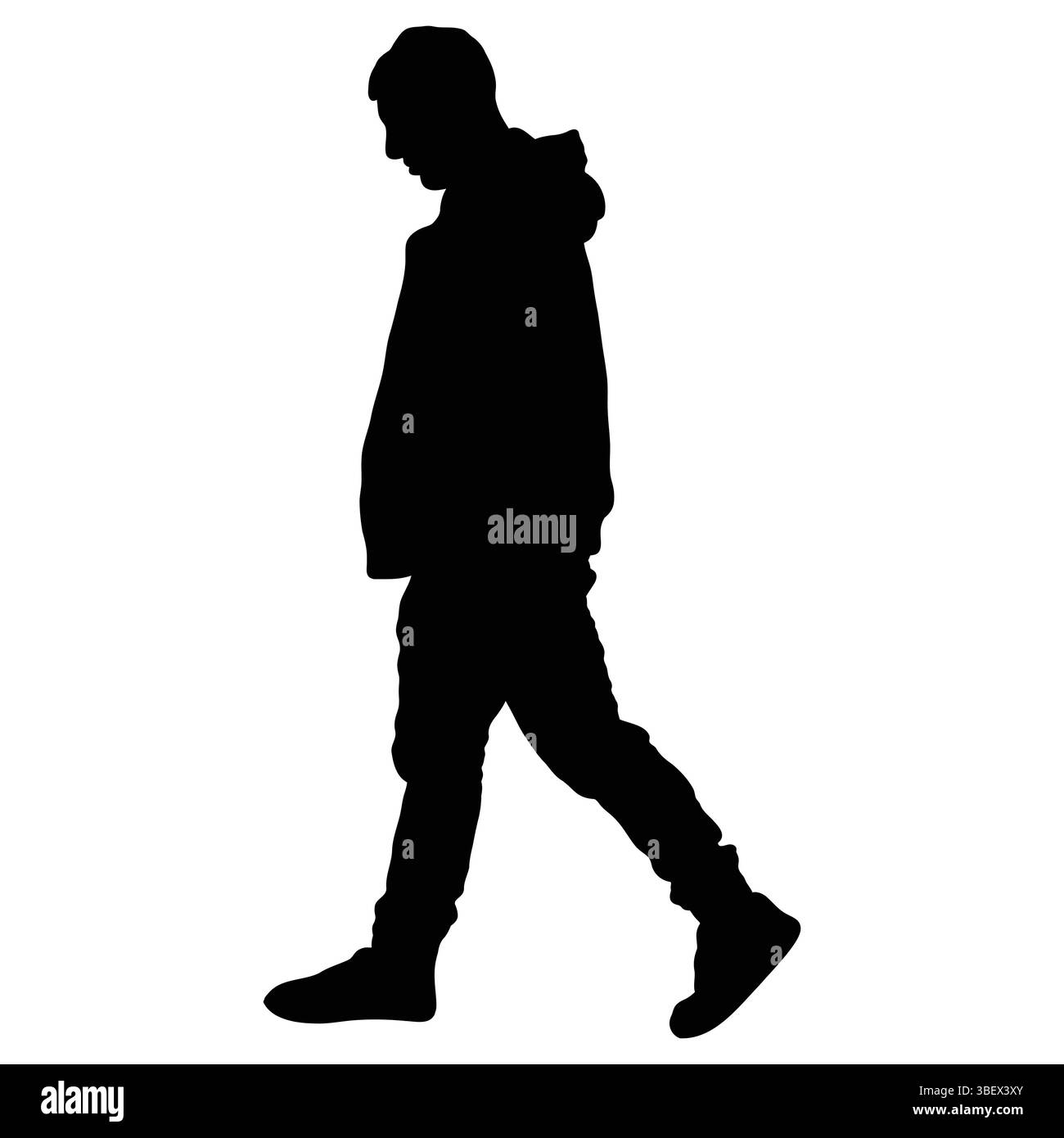 Silhouette d'une personne marchant la tête baissée, portant un sweat-shirt à capuche et un pantalon. Illustration de Vecteur