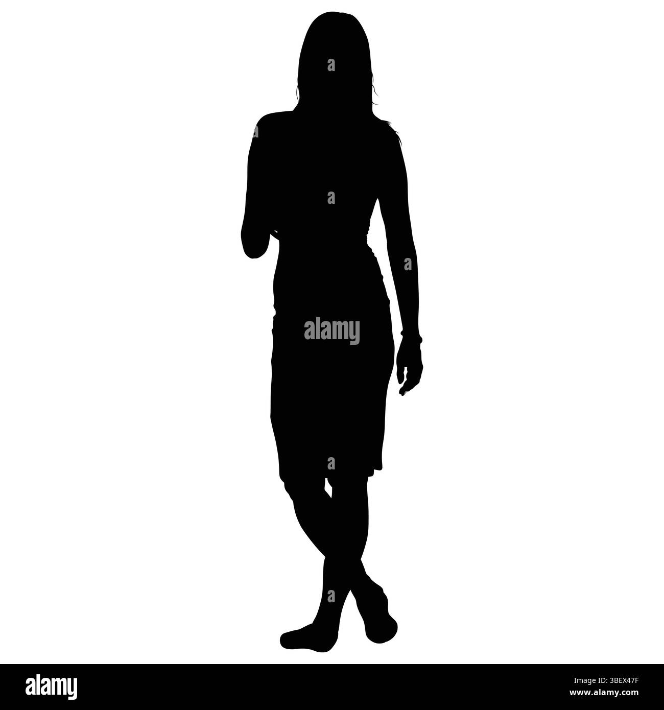 Silhouette d'une femme dans une robe avec ses jambes croisées, isolée sur un fond blanc. Illustration de Vecteur