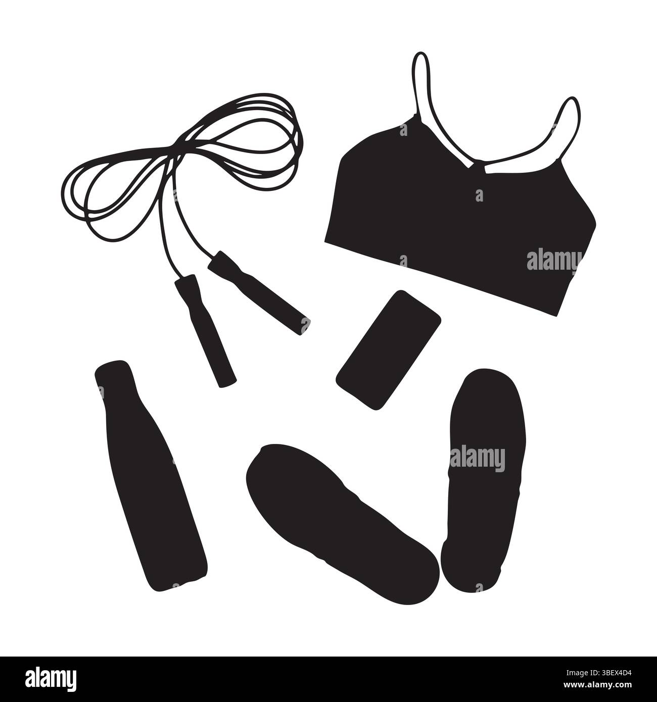 Silhouette d'équipement de fitness : corde à sauter, soutien-gorge de sport, bouteille, smartphone et chaussures de sport. Illustration de Vecteur