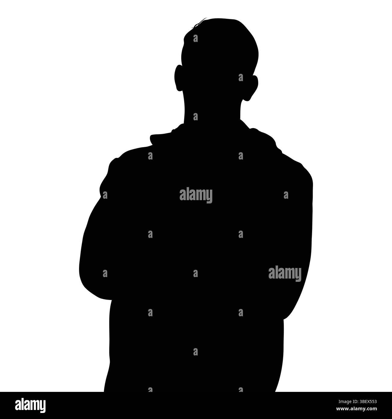 Silhouette d'une personne avec les bras croisés, isolée sur un fond blanc brillant. Illustration de Vecteur