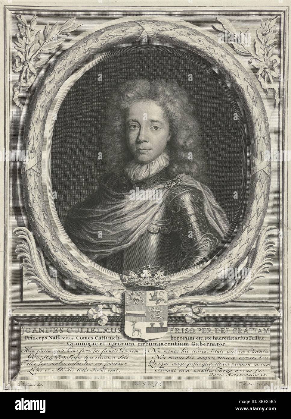Halma, François, Hoogstraten, David Franz. Van, Vaillant, Bernard, Amsterdam, Gunst, Pieter van, Portrait de Johan Willem Friso, Johan Willem Friso, Prince d'Orange et Maire de Frise et Groningue. Avec comme légende un poème latin sur sa vie., impression, largeur 282 mm, hauteur 372 mm, 1649 - 1731-05-22, graveur, 1711 - 1731, papier, gravure, gravure (procédé d'impression), Nord des pays-Bas, 1632-11-06 - 1698-08-29, dessinateur intermédiaire, après dessin, 1658-03-14 - 1724-11-21, auteur, publication (événement), publication, 1653-01-03 - 1722-01-13, éditeur Banque D'Images