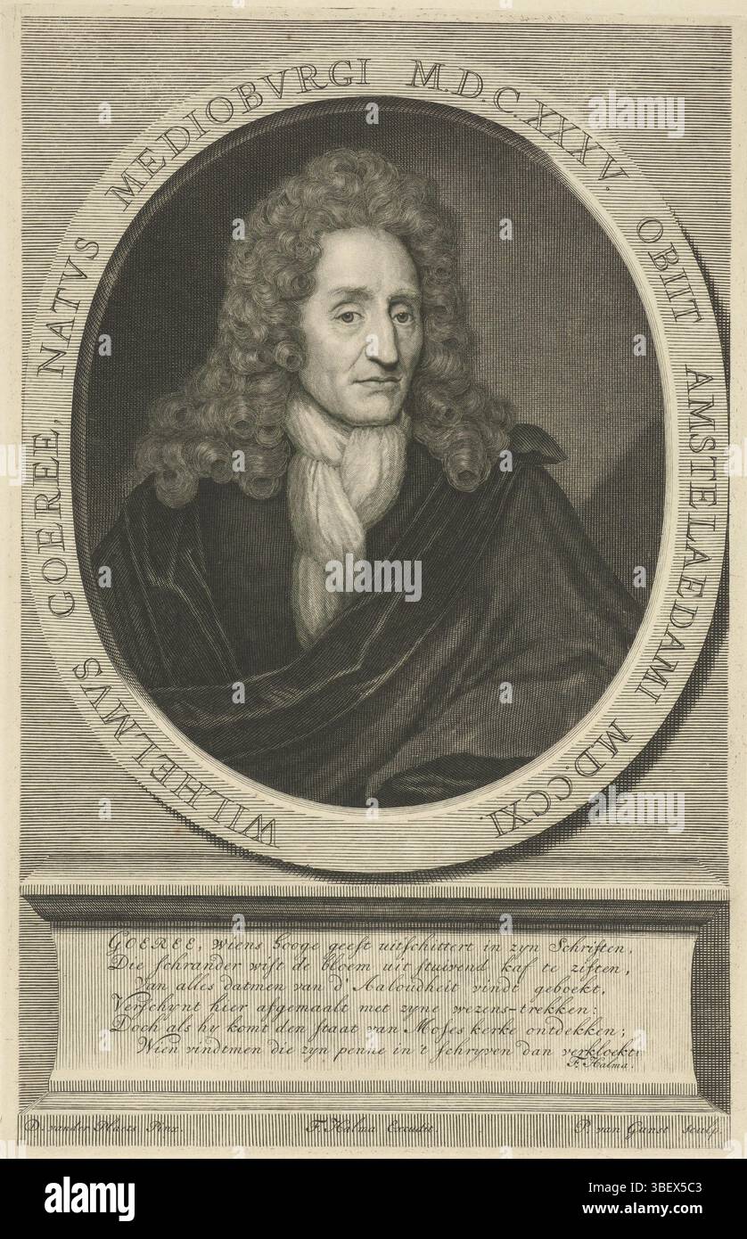 Halma, François, Halma, Plas, David van der, Amsterdam, Gunst, Pieter van, Portrait de Willem Goeree, verso au milieu - estampillé, Willem Goeree, éditeur, libraire et érudit. Parmi les gravures un poème hollandais sur sa vie., estampe, largeur 215 mm, hauteur, 330 mm, 1649 - 1731-05-22, graveur, 1711 - 1731, papier, gravure, gravure (procédé d'impression), 1647-12-11 - 1704-05-18, après, après peinture par, pays-Bas du Nord, 1653-01-03 - 1722-01-13, écrivain, publication (événement), publication, éditeur Banque D'Images