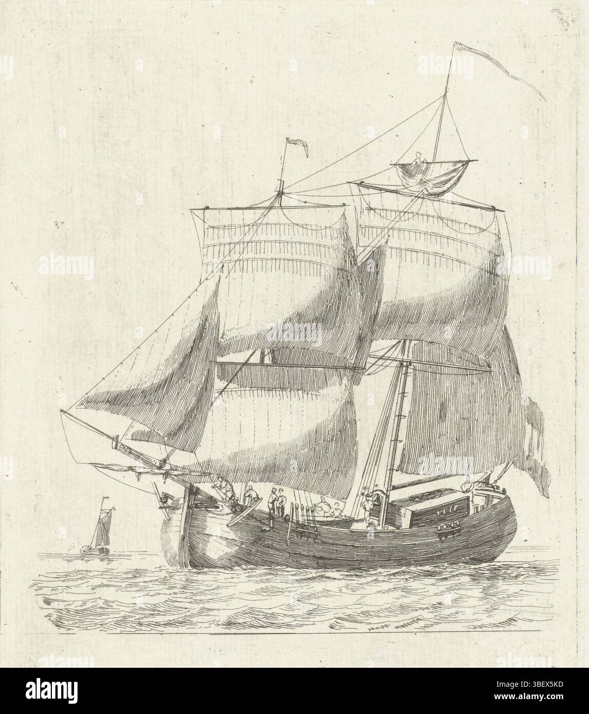 Rotterdam, Groenewegen, Gerrit, divers bateaux série B, voilier avec vent dans les voiles, Rotterdam, verso - estampillé, voilier sur les vagues avec vent dans les voiles. Sur le bateau, vous pouvez voir quelques figures, dont l'une est dans le mât. Sur la gauche se trouve un autre bateau représenté. Ce tirage fait partie d'une série de douze tirages avec bateaux., tirage, hauteur 154 mm, largeur 122 mm, 1754 - 1826-08-07, graveur, 1787 - 1787, papier, gravure, gravure Banque D'Images