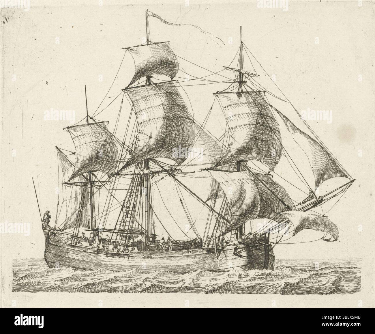 Rotterdam, Groenewegen, Gerrit, plusieurs navires série C, Driemaster avec le vent dans les voiles, Rotterdam, verso - estampillé, naviguant vers la droite. Sur le pont il y a un bateau et quelques figures sont représentées. Ce tirage fait partie d'une série de douze tirages avec différents voiliers., tirage, hauteur 128 mm, largeur 155 mm, 1754 - 1826-08-07, graveur, 1789 - 1789, papier, gravure, gravure Banque D'Images