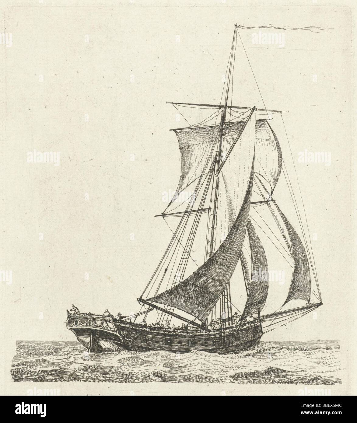 Rotterdam, Groenewegen, Gerrit, plusieurs navires série E, plusieurs voiliers, voilier avec vent dans les voiles, Rotterdam, verso - estampillé, Un voilier avec des figures, vu de derrière. Ce tirage fait partie d'une série de douze tirages avec différents voiliers., tirage, hauteur 152 mm, largeur 130 mm, 1754 - 1826-08-07, graveur, 1790 - 1790, papier, gravure, gravure Banque D'Images