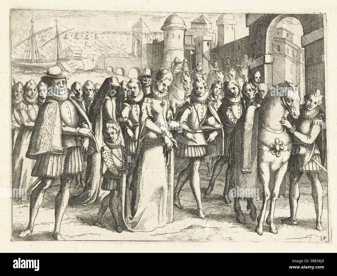 Florence, Callot, Jacques, arrivée de Margaretha d'Autriche à Valence, demi-gauche en bas - estampillé, Margaretha d'Autriche et son résultat sont une porte de ville (de Valence). En arrière-plan le navire avec lequel ils sont arrivés., impression, hauteur 128 mm, largeur 178 mm, français, 1592-08-21 - 1635-03-24, graveur, 1612-1612, premier quart du xviie siècle, papier, gravure, gravure Banque D'Images