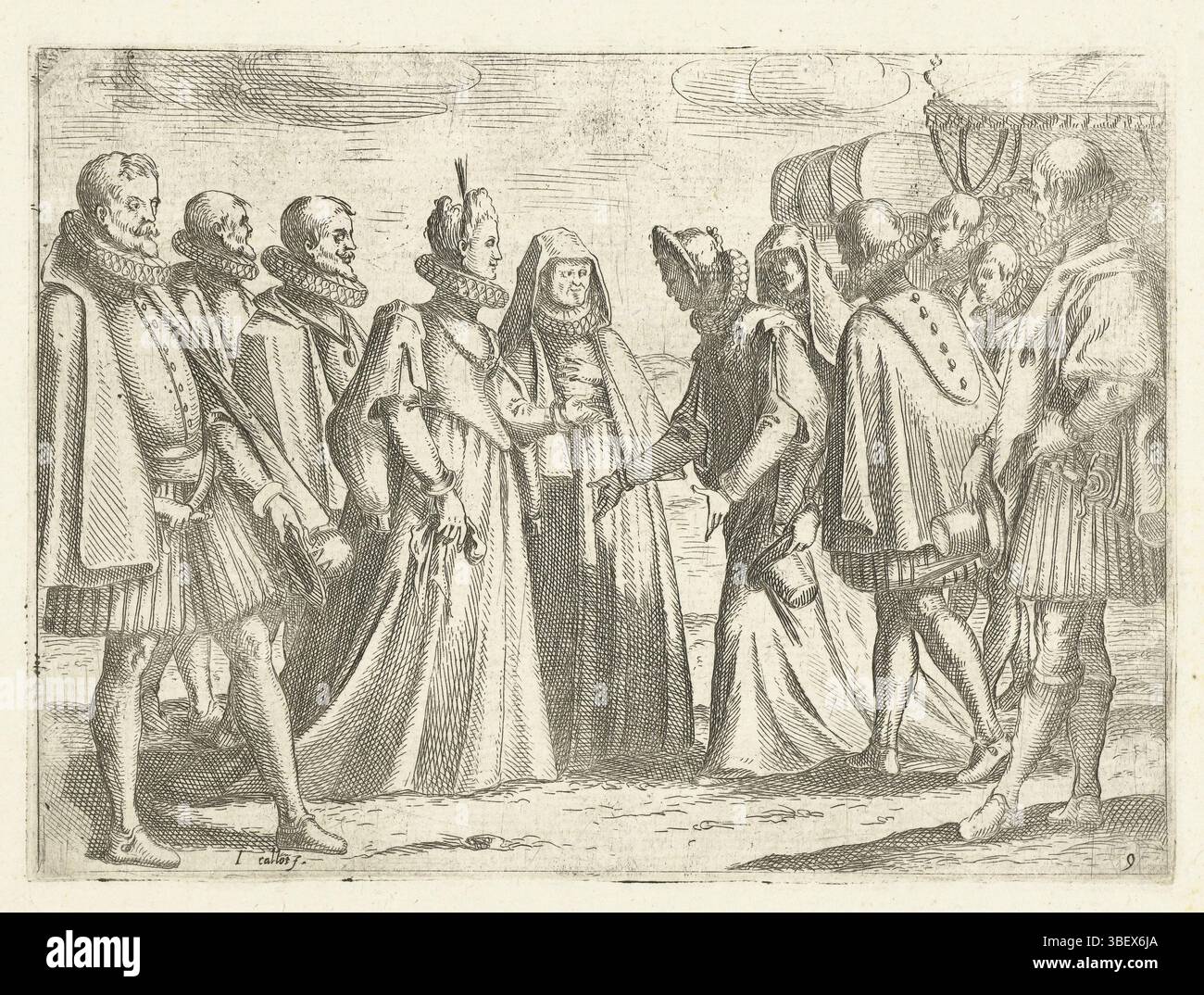 Florence, Callot, Jacques, réception de Margaretha d'Autriche à Mantoue, verso gauche en bas - estampillé, Margaretha d'Autriche salue une autre dame distinguée. Autour d'eux membres de leurs pairs., impression, hauteur 128 mm, largeur 176 mm, français, 1592-08-21 - 1635-03-24, imprimeur, 1612-1612, premier quart 17e siècle, papier, gravure, gravure Banque D'Images