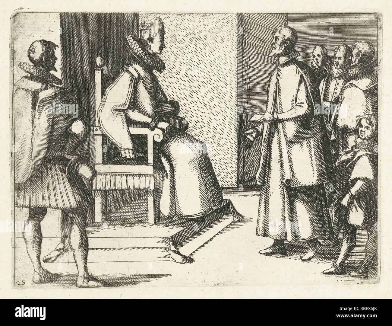 Florence, Callot, Jacques, Marguerite d'Autriche reçoit des remerciements du Grand-Duc de Toscane, vero en bas à gauche - estampillé, Marguerite d'Autriche est assise sur un trône et parle avec un homme qui tient une lettre., impression, hauteur 128 mm, largeur 174 mm, français, 1592-08-21 - 1635-03-24, imprimeur, 1612-1612, premier quart 17e siècle, papier, gravure, gravure Banque D'Images