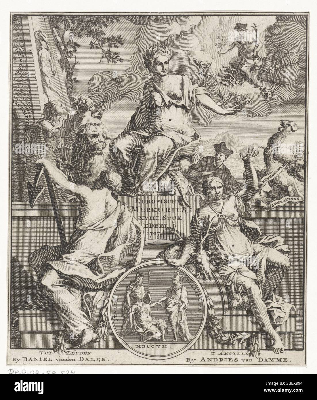 Amsterdam, Damme, Andries van, Leiden, Dalen, Daniel van den, Amsterdam, Sluyter, Pieter, page d'accueil pour : Europische Mercurius, 18e pièce, partie 1, 1707, verso en bas à droite - estampillé, figure féminine allégorique (vue ou honneur) assise sur un piédestal, à ses pieds le lion hollandais. Au premier plan de Hope et la déesse Diana ( ?) À un emblème d'Italia Restituta., impression, page de titre, impressions, hauteur 159 mm, largeur 135 mm, Noord-Nederlands, 1675 - 1733, graveur, 1707 - 1707, papier, gravure, gravure, gravure (processus d'impression), publication (événement), publication, néerlandais, éditeur Banque D'Images