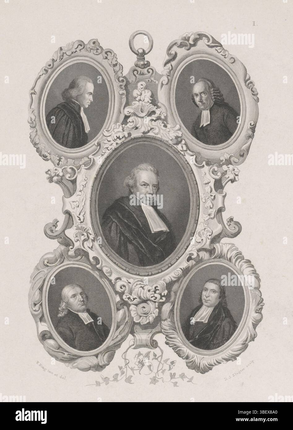 Bing, Valentijn, Amsterdam, Sluyter, Dirk Jurriaan, cinq portraits en médaillon : Professeur Johannes Clarisse, Professeur Herman Muntinghe, DS. Johan Diederich Deiman, Professeur Jodocus Heringa et DS. Ewaldus Kist, verso milieu - estampillé, impression, illustration de livre, impressions, hauteur 266 mm, largeur 193 mm, néerlandais, 1811-11-14 - 1886-05-29, graveur, 1864 - 1869, papier, gravure, gravure sur acier, 1812 - 1895-01-28, dessinateur intermédiaire Banque D'Images