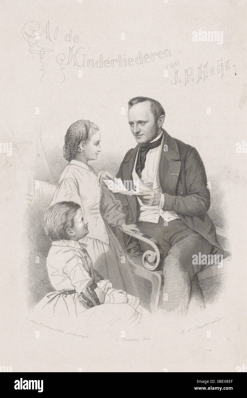 Koningsveld, Jacobus van, Chantal, Louis, Amsterdam, Sluyter, Dirk Jurriaan, homme avec deux enfants, Home page : J.P. Heije, Al de Kindersliederen, 1861, verso en bas à droite - estampillé, Un homme sur une chaise avec une feuille de papier écrit ou imprimé à la main regarde une fille et un garçon à côté de lui. Au-dessus du titre du livre., impression, page de titre, impressions, hauteur 200 mm, largeur 135 mm, néerlandais, 1811-11-14 - 1886-05-29, graveur, 1861 - 1861, papier, gravure, gravure sur tige, gravure sur acier, roulette, 1822 - 1899-11-14, dessinateur intermédiaire, après dessin, 1824-03-10 - 1866-07-30, photographe Banque D'Images