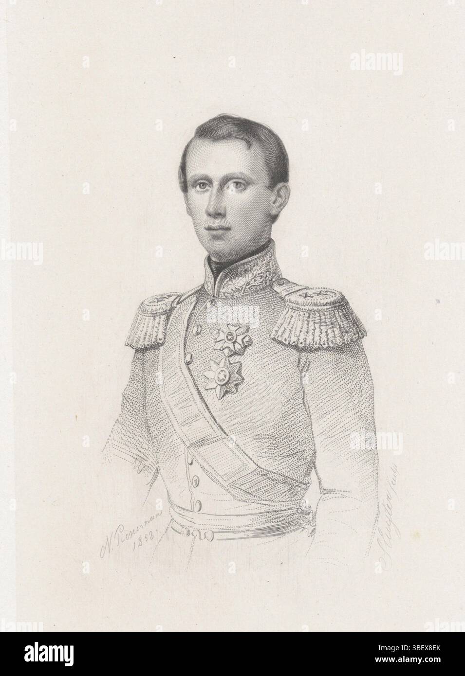 Pieneman, Nicolaas, Amsterdam, Sluyter, Dirk Jurriaan, Portret van Willem (Wiwill) van Oranje, kronaprins der Nederlanden, verso Center under - estampillé, kronaprins der Nederlanden en uniforme, impression, hauteur 192 mm, largeur 121 mm, néerlandais, 1811-11-14 - 1886-05-29, graveur, 1852 - 1886, papier, chine collé, gravure, etsen, gravure sur acier, roulette, conception de travail, Nederlands, 1809-01 - 1860-12-30 Banque D'Images
