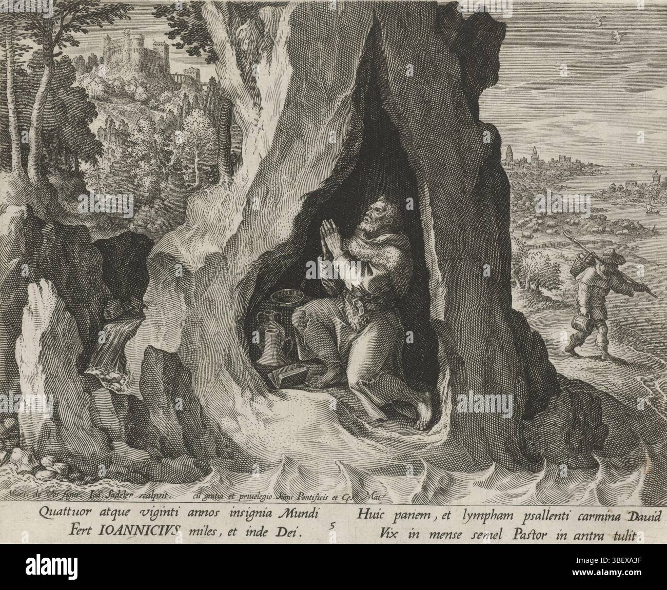 Rodolphe II de Habsbourg (empereur allemand), Clemens VIII, Sadeler, Raphaël (I), Johann (I), vos, Maerten de, Venise, Trophaeum vitae solitariae, la vie vertueuse des ermites, Saint Johannicius de Bithynie comme ermite, verso à fond gauche, Saint Johannicius de Bithynie, ermite grec du IXe siècle, prie déjà dans une grotte sur la plage. Au fond un berger., impression, largeur 203 mm, hauteur, 164 mm, Zuid-Nederlands, 1550 - 1600-08, imprimeur, 1598 - 1598, papier, gravure, gravure (procédé d'impression), 1532 - 1603-12-04, traîniste intermédiaire, par dessin, publication (événement), public Banque D'Images
