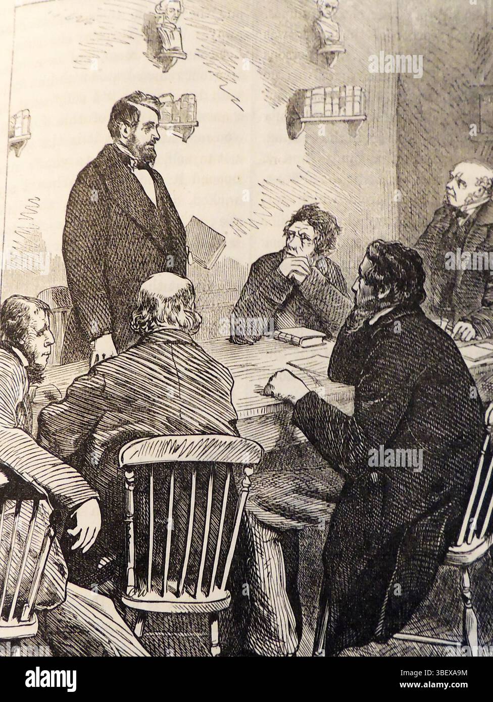 1870, un fonctionnaire parlant avec des représentants des pauvres vivant dans les bidonvilles de Paradise court , Londres Royaume-Uni. - Paradise court, situé dans l'East End de Londres, a été l'un des bidonvilles notoires des années 1800 C'était un endroit où les personnes frappées par la pauvreté vivaient dans des conditions exiguës et insalubres. La zone était caractérisée par des immeubles surpeuplés, des maladies, des logements inadéquats, des maladies et des conditions sanitaires médiocres Banque D'Images