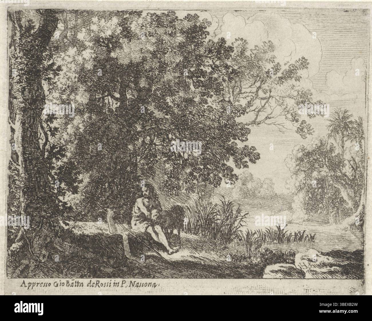 Rome, Rossi, Giovanni Battista de', Rome, Swanevelt, Herman de, Jean le Baptiste dans le désert, verset en bas à gauche - estampillé, Jean le Baptiste est assis sur la rive d'une rivière. Il est flanqué de ses attributs, une croix de bois et un agneau., estampe, ROI : BIBLIO :, hauteur 90 mm, largeur 112 mm, Noord-Nederlands, 1604 - 1655, imprimeur, 1629 - 1641, papier, gravure, publication (événement), publication, italien, 1601 - 1678, éditeur, éditeur' Banque D'Images