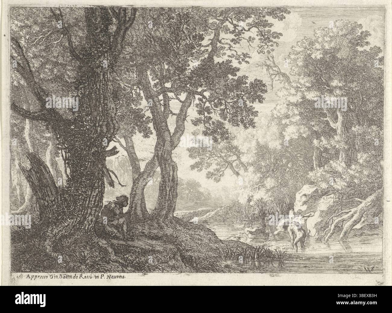 Rome, Rossi, Giovanni Battista de', Rome, Swanevelt, Herman van, Salmacis en Hermaphroditus, verso gauche en bas - estampillé, Salmacis est assis sous un arbre, tandis que Hermaphroditus baigne dans l'eau., impression, hauteur 157 mm, largeur 208 mm, Nord des pays-Bas, 1604 - 1655, graveur, 1629 - 1641, papier, gravure, publication (événement), publication, italien, 1601 - 1678, éditeur Banque D'Images