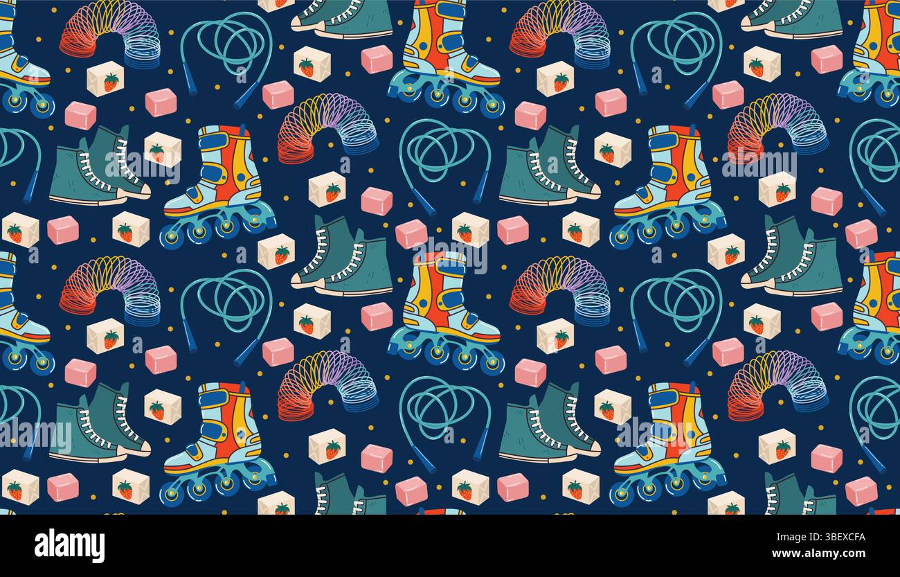Modèle sans couture rétro des années 1990 avec baskets, patins à roulettes, gomme à bulles, jouet de printemps et corde à sauter dans le style plat de dessin animé. Texture nostalgique brillante perfe Illustration de Vecteur