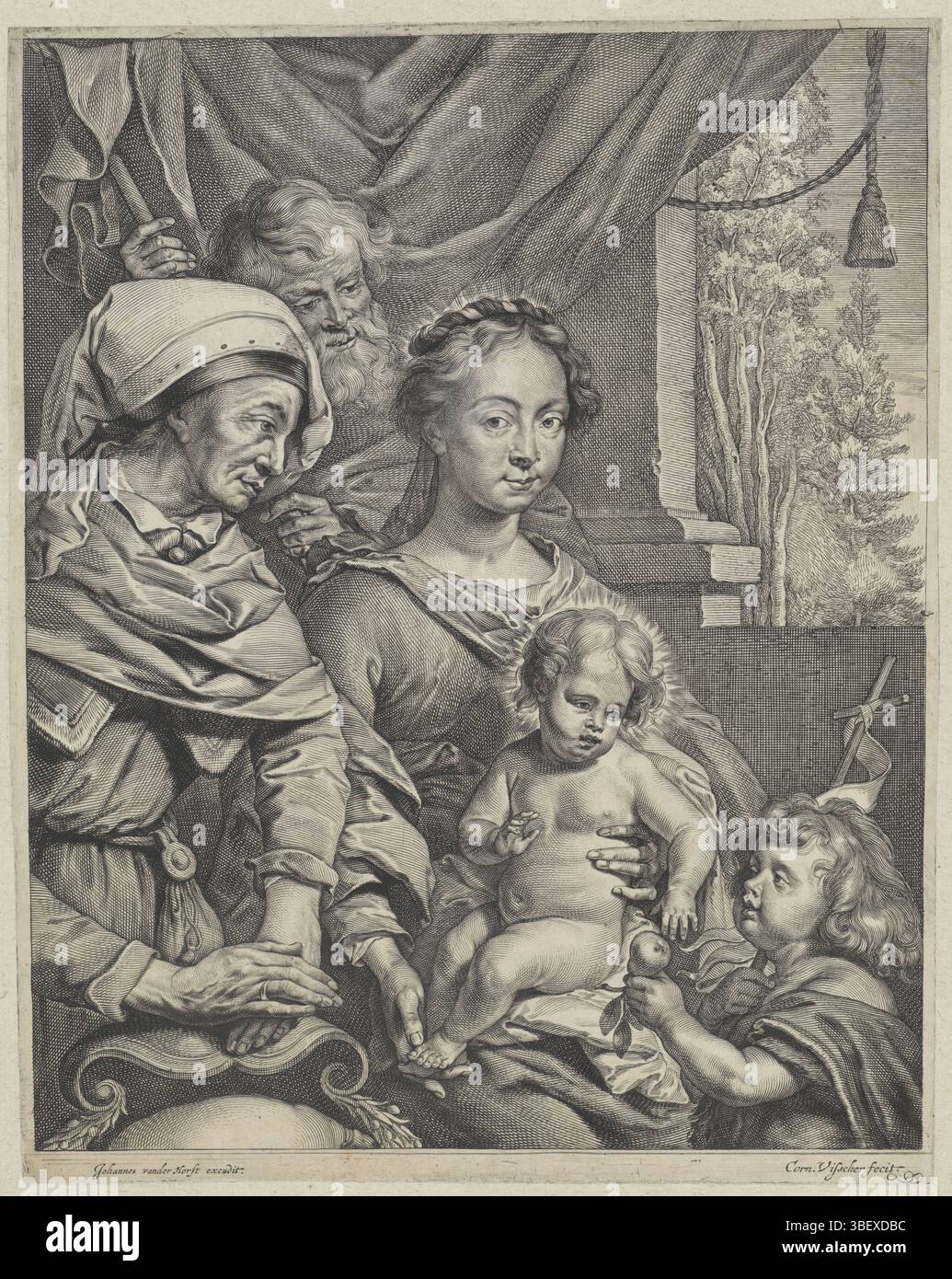 Horst, Johannes van der, Palma, Jacopo (il Vecchio), Amsterdam, Visscher, Cornelis (II), Haarlem, Sainte famille avec Elisabeth et Johannes, verso - estampillé, la Sainte famille avec Elisabeth et Johannes le Baptiste comme un enfant. Jean, avec sa main une bannière, représente le Christ enfant et lui présente un pair., impression, hauteur 299 mm, largeur 234 mm, Noord-Nederlands, 1629 - 1658-01-16, graveur, 1638 - 1658, papier, gravure, gravure (processus d'impression), gravure, etsen, conception de travail, italien, 1480 - 1528-07-30, selon design by, publication (événement), publication, éditeur Banque D'Images
