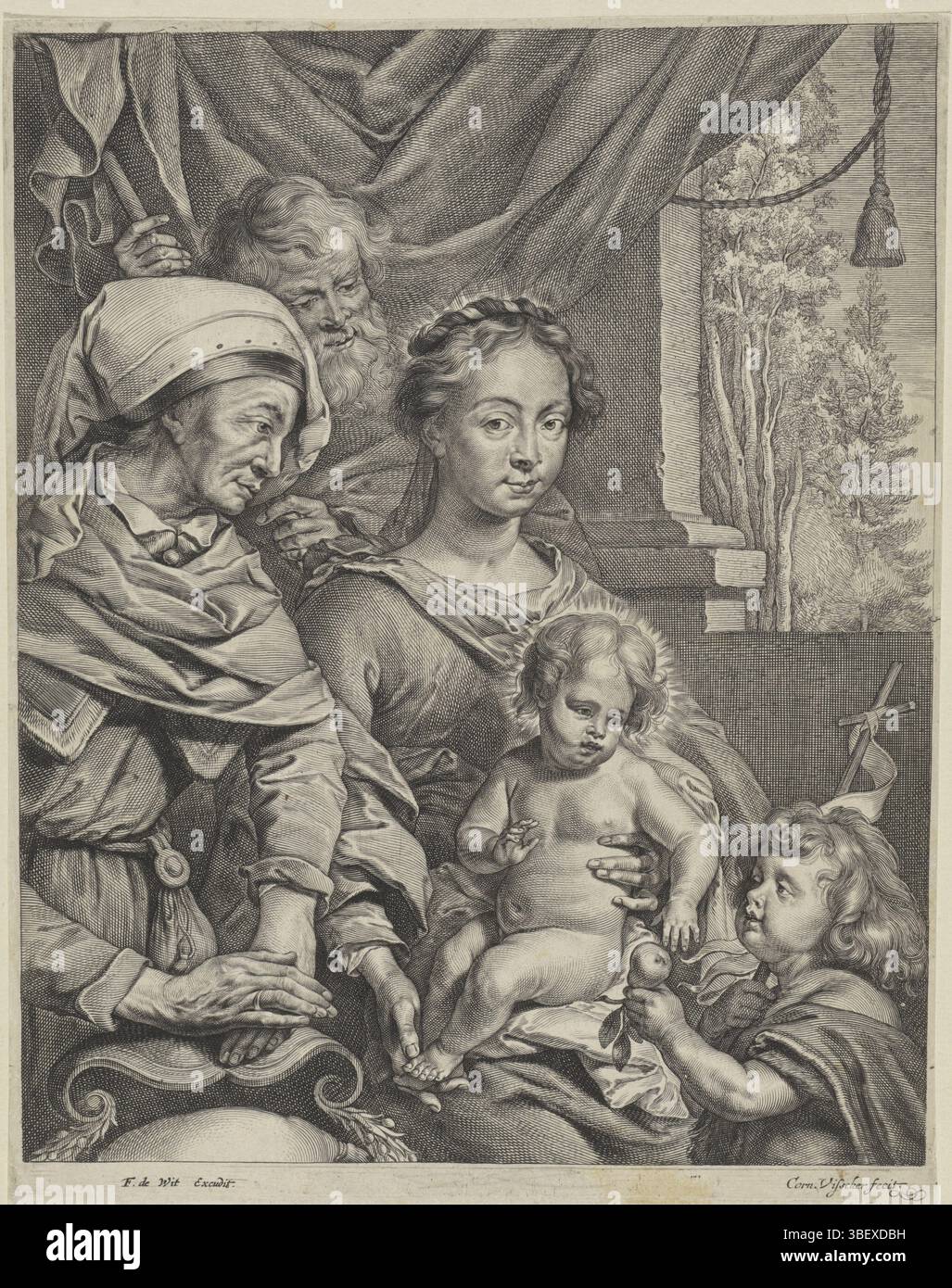 Amsterdam, Wit, Frederik de, Palma, Jacopo (il Vecchio), Amsterdam, Visscher, Cornelis (II), Haarlem, Sainte famille avec Elisabet et Johannes, verso - estampillé, la famille sacrée avec Elisabet et Johannes le Baptiste comme un enfant. Jean, avec sa main une bannière, représente le Christ enfant et lui présente un pair., impression, hauteur 303 mm, largeur 234 mm, nord-néerlandais, 1629 - 1658-01-16, graveur, 1638 - 1706, papier, gravure, gravure (processus d'impression), gravure, nord-néerlandais, conception de travail, italien, 1480 - 1528-07-30, selon design by, publication (événement), publication, Northern Nethe Banque D'Images