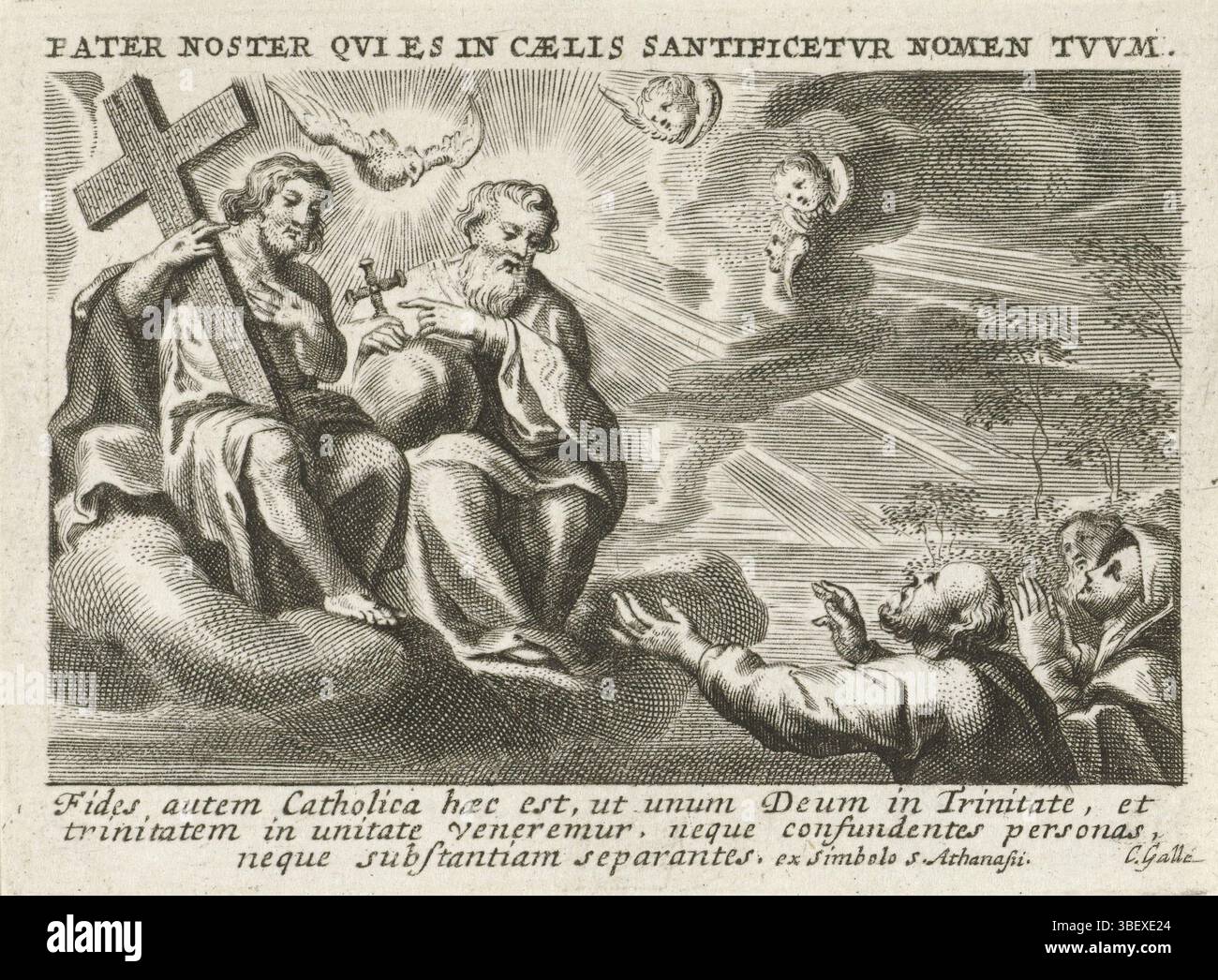 Anvers, Galle, Cornelis (III), Anvers, Cornelis (II), Trinité sur un nuage, verso - estampillé, Christ avec une croix et Dieu le Père avec un globe assis sur un nuage. Entre eux dans le Saint-esprit sous la forme d'une colombe. Sur la terre sont les gens qui adorent la trinité., impression, hauteur 68 mm, largeur 92 mm, sud-néerlandais, 1615 - 1678-10-18, graveur, 1638 - 1678, papier, gravure, gravure (processus d'impression), 1642 - 1679, graveur Banque D'Images Anvers, Galle, Cornelis (III), Anvers, Cornelis (II), Trinité sur un nuage, verso - estampillé, Christ avec une croix et Dieu le Père avec un globe assis sur un nuage. Entre eux dans le Saint-esprit sous la forme d'une colombe. Sur la terre sont les gens qui adorent la trinité., impression, hauteur 68 mm, largeur 92 mm, sud-néerlandais, 1615 - 1678-10-18, graveur, 1638 - 1678, papier, gravure, gravure (processus d'impression), 1642 - 1679, graveur Banque D'Images