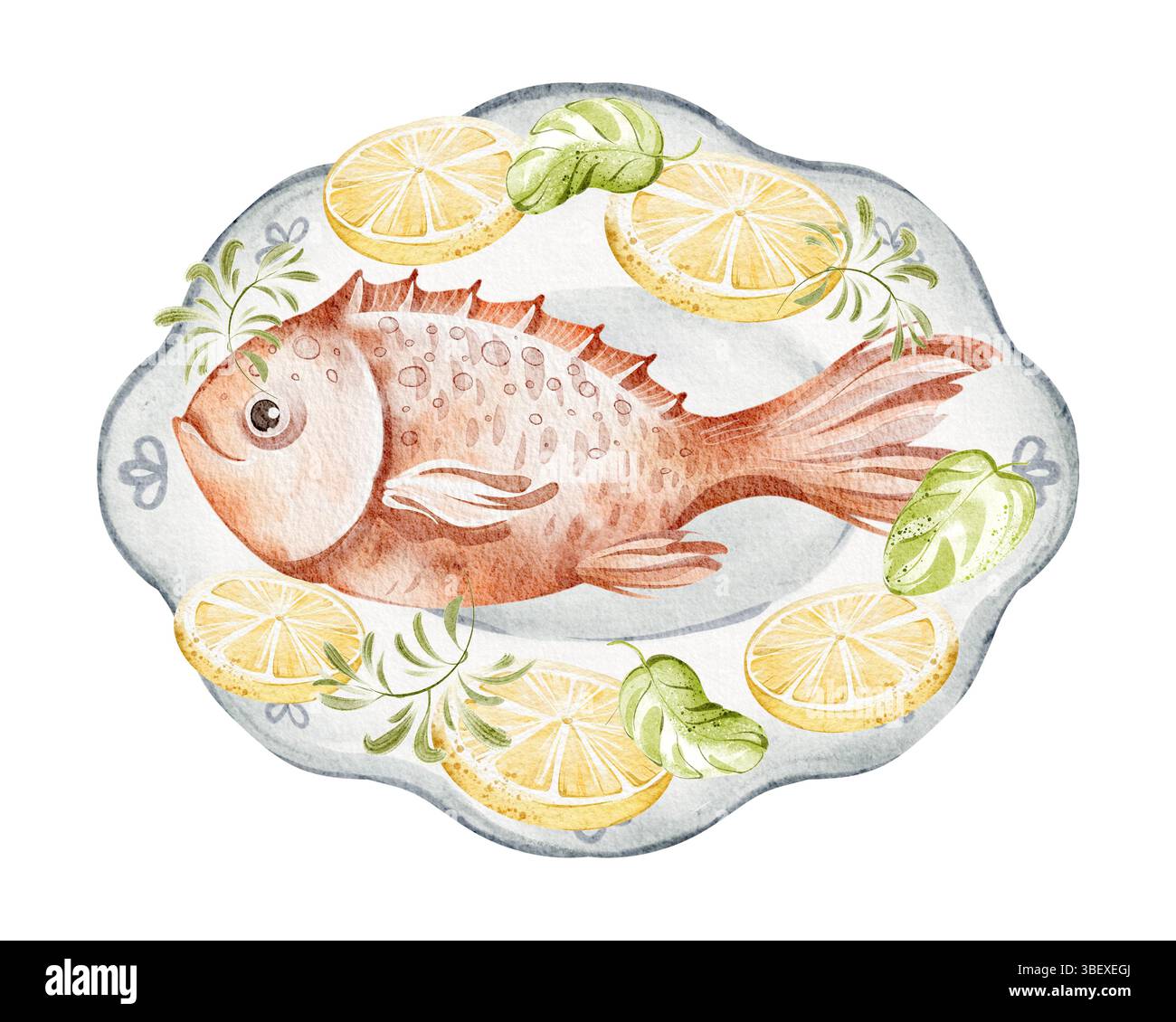 Illustration de poisson aquarelle, vue de dessus de plat de fruits de mer cuit Banque D'Images