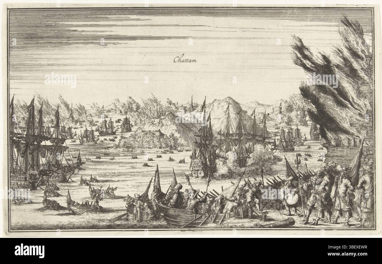 Padtbrugge, Herman, Noordelijke Nederlanden, Padtbrugge, Tocht naar Chatham, 1667, Nord des pays-Bas, de Tocht naar Chatham et la destruction de la flotte anglaise le 20 juin 1667 par la flotte d'État sous le commandement de de Ruyter. Sur la droite, un groupe d'officiers dans un bâtiment en feu., estampes, historien, estampes, Frederik Muller Historyplaten, hauteur 175 mm, largeur 282 mm, Noord-Nederlands, 1656 - 1687-06-07, graveur, 1674 - 1676, troisième quart 17ème siècle, quatrième quart 17ème siècle, papier, gravure, conception de travail, selon son propre dessin Banque D'Images